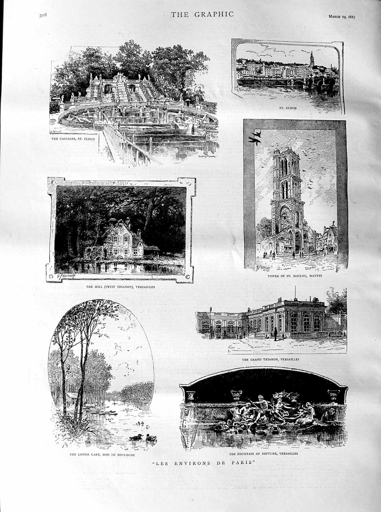 Original Old Antique Print 1887 Paris Cloud Versailles Fountain Neptune Maclou