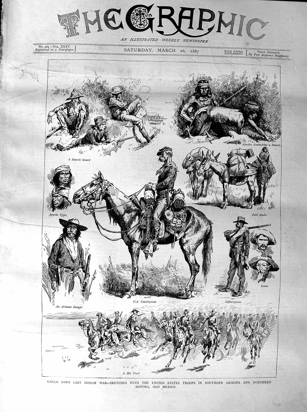 Original Old Antique Print 1887 Uncle Sam Indians War America Troops Mexico