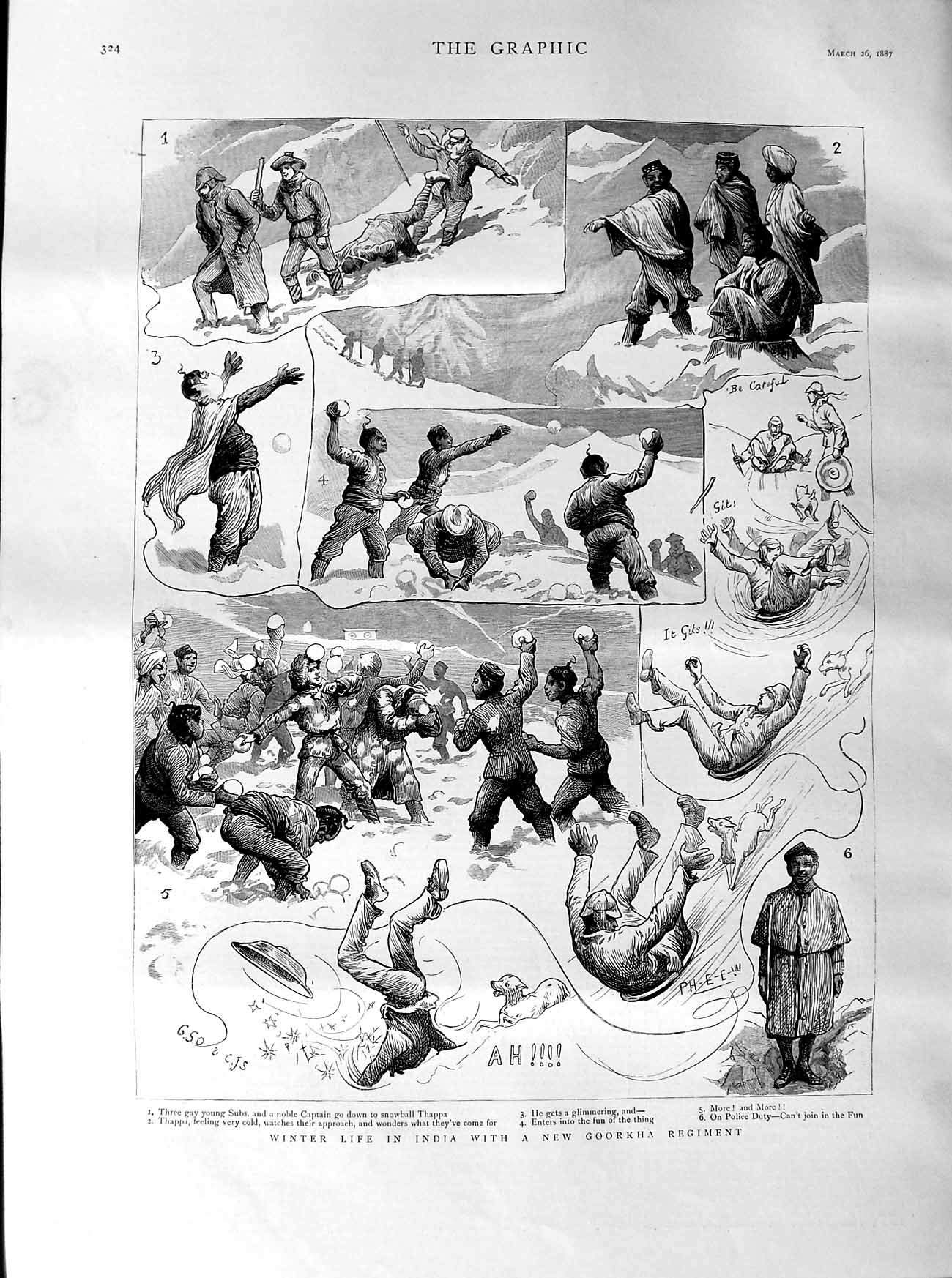 Original Old Antique Print 1887 Winter Life India Goorkha Siers Thappa Snow