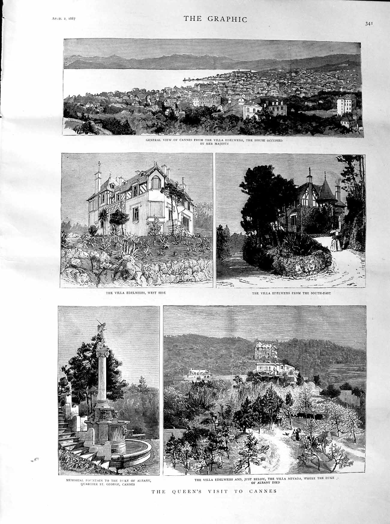 Old Antique Print 1887 Queen Cannes Villa Edelweiss Duke Albany Fountain 19th