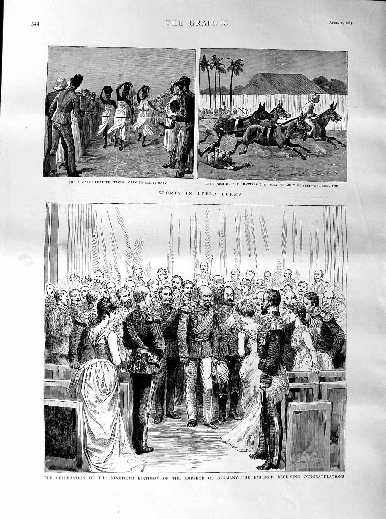 Old Antique Print 1887 Sports Burma Mule Racing Emperor Germany Birthday 19th