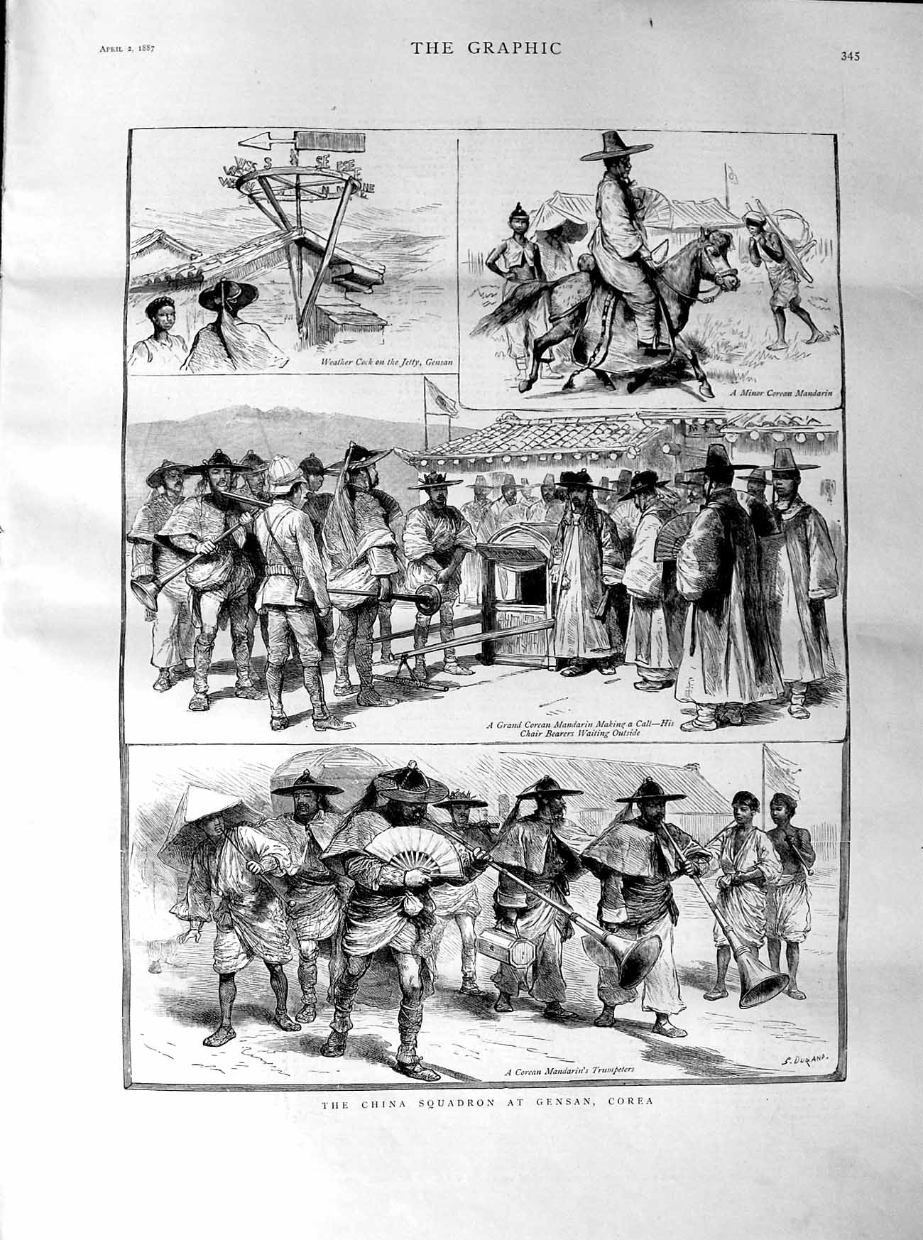Original Old Antique Print 1887 China Squadron Army Gensan Corea Mandarin 19th