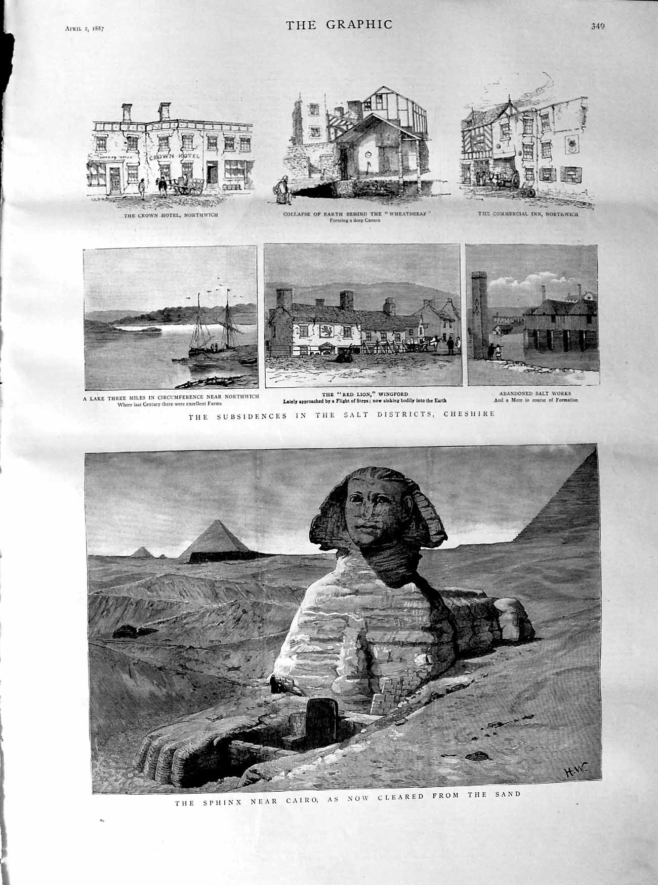 Old Antique Print 1887 Sphinz Cairo Egypt Cheshire Salt Subsidence Hotel 19th