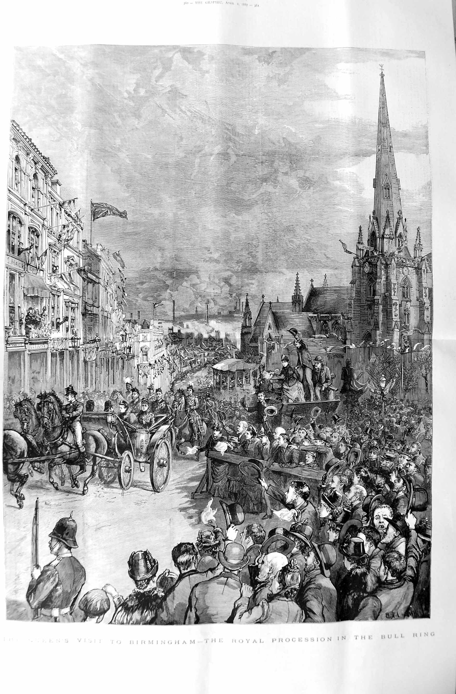 Old Antique Print 1887 Queen Birmingham Bull-Ring Victoria Courts School 19th