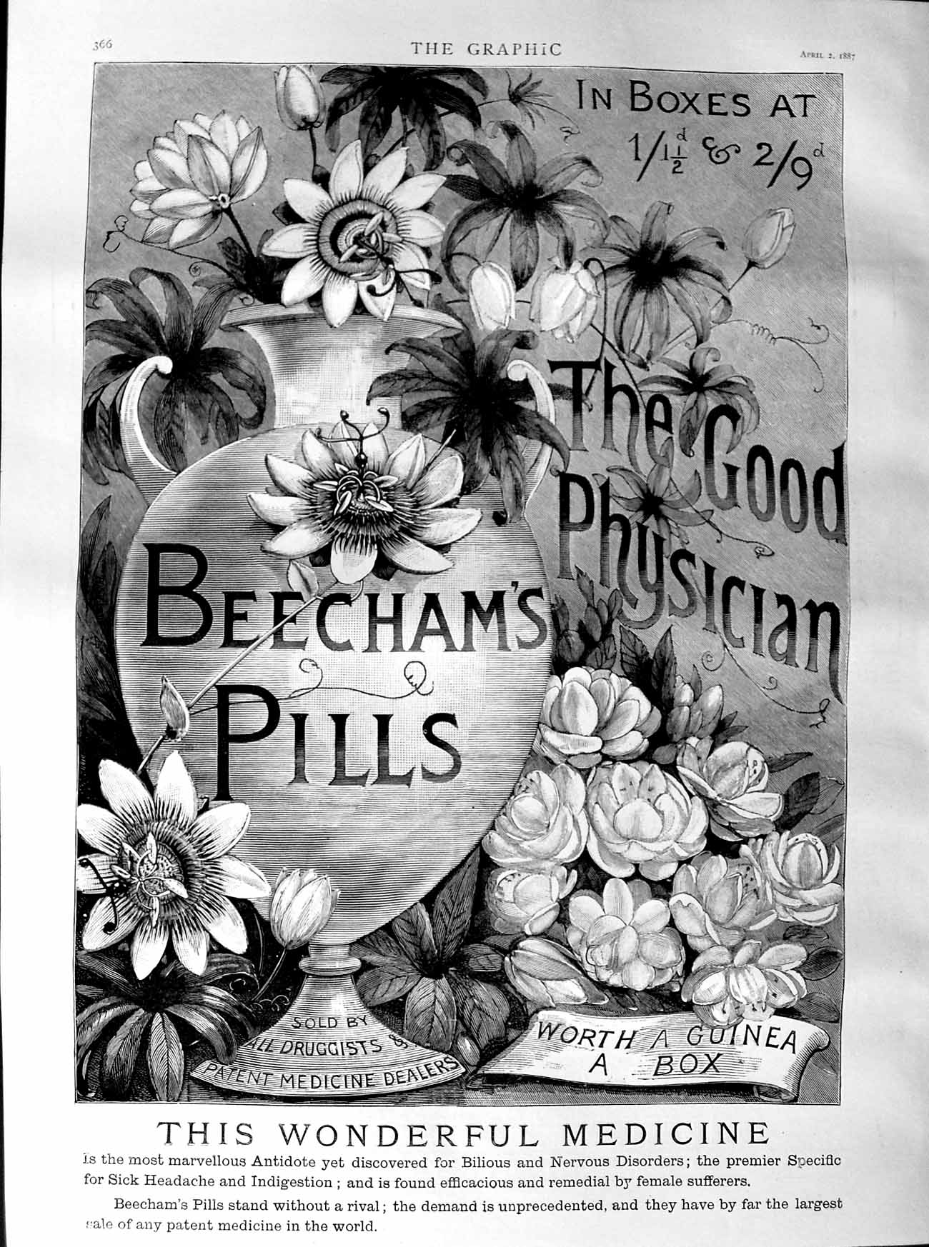 Original Old Antique Print 1887 Advertisement Beechams Pills Medicine Flowers