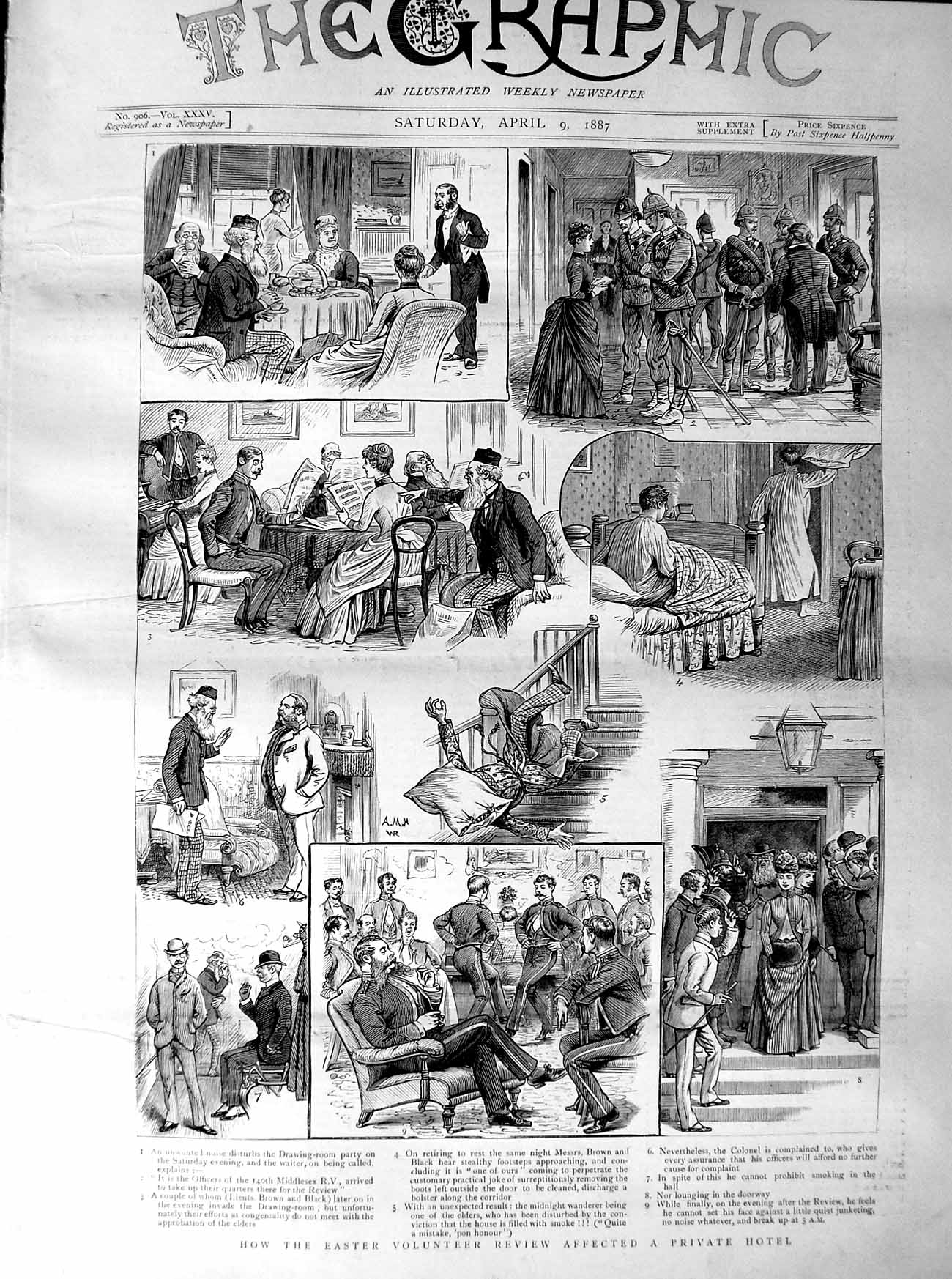 Original Old Antique Print 1887 Easter Volunteer Siers Hotel Middlesex Black