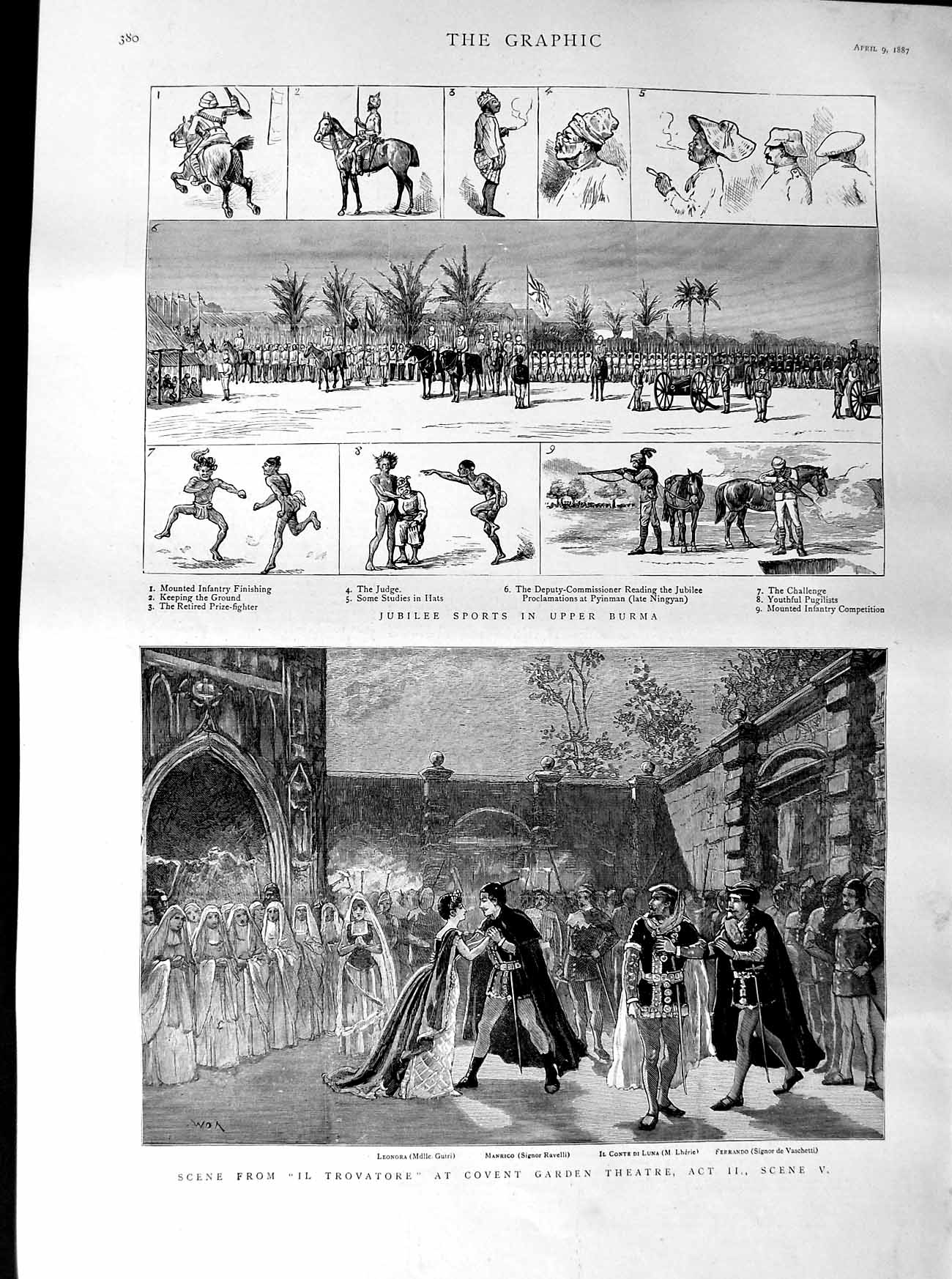 Original Old Antique Print 1887 Covent Theatre Trovatore Ravelli Sports Burma