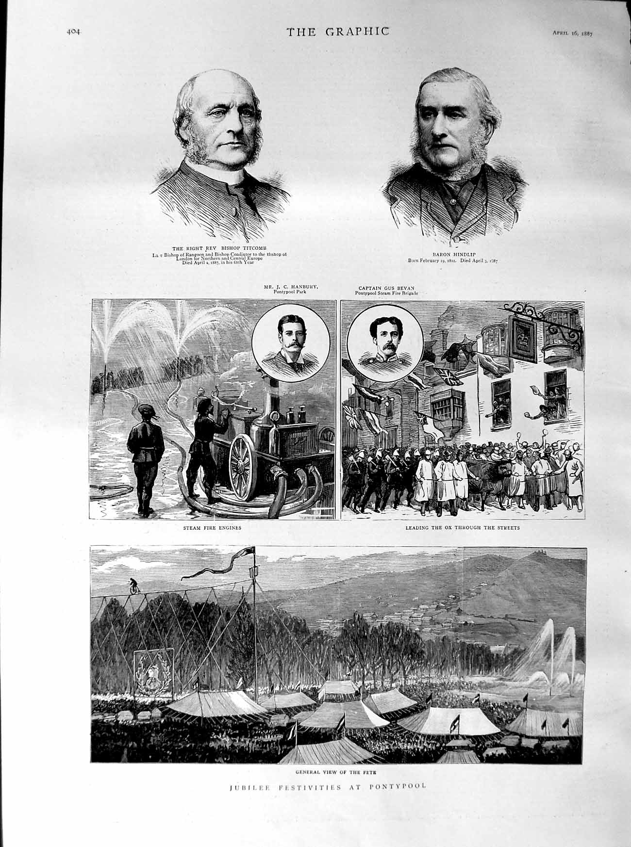 Old Antique Print 1887 Jubilee Pontypool Titcomb Hindlip Hanbury Bevan Ox 19th