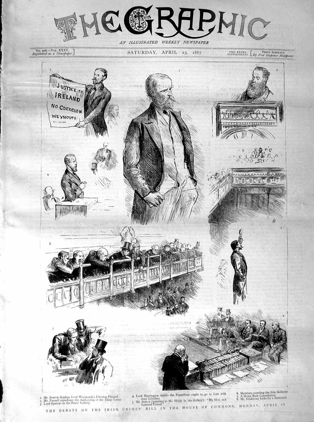 Old Antique Print 1887 Ireland Crimes Bill House Commons Healy Lockwood 19th