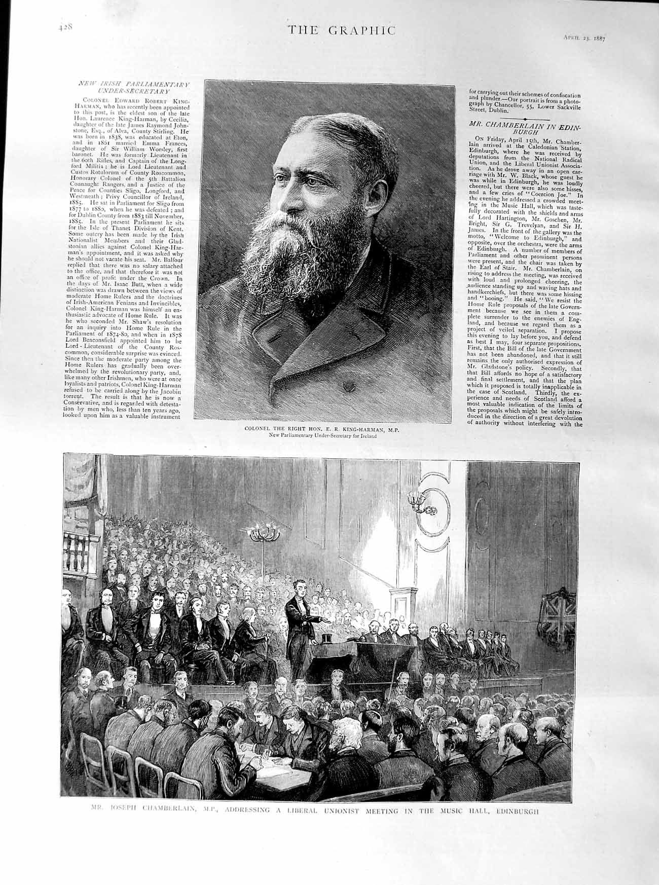Original Old Antique Print 1887 Colonel King-Harman Chamberlain Music Edinburgh