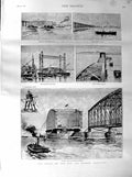 Original Old Antique Print 1887 Works Tay Bridge Scotland Travelling Crane Span