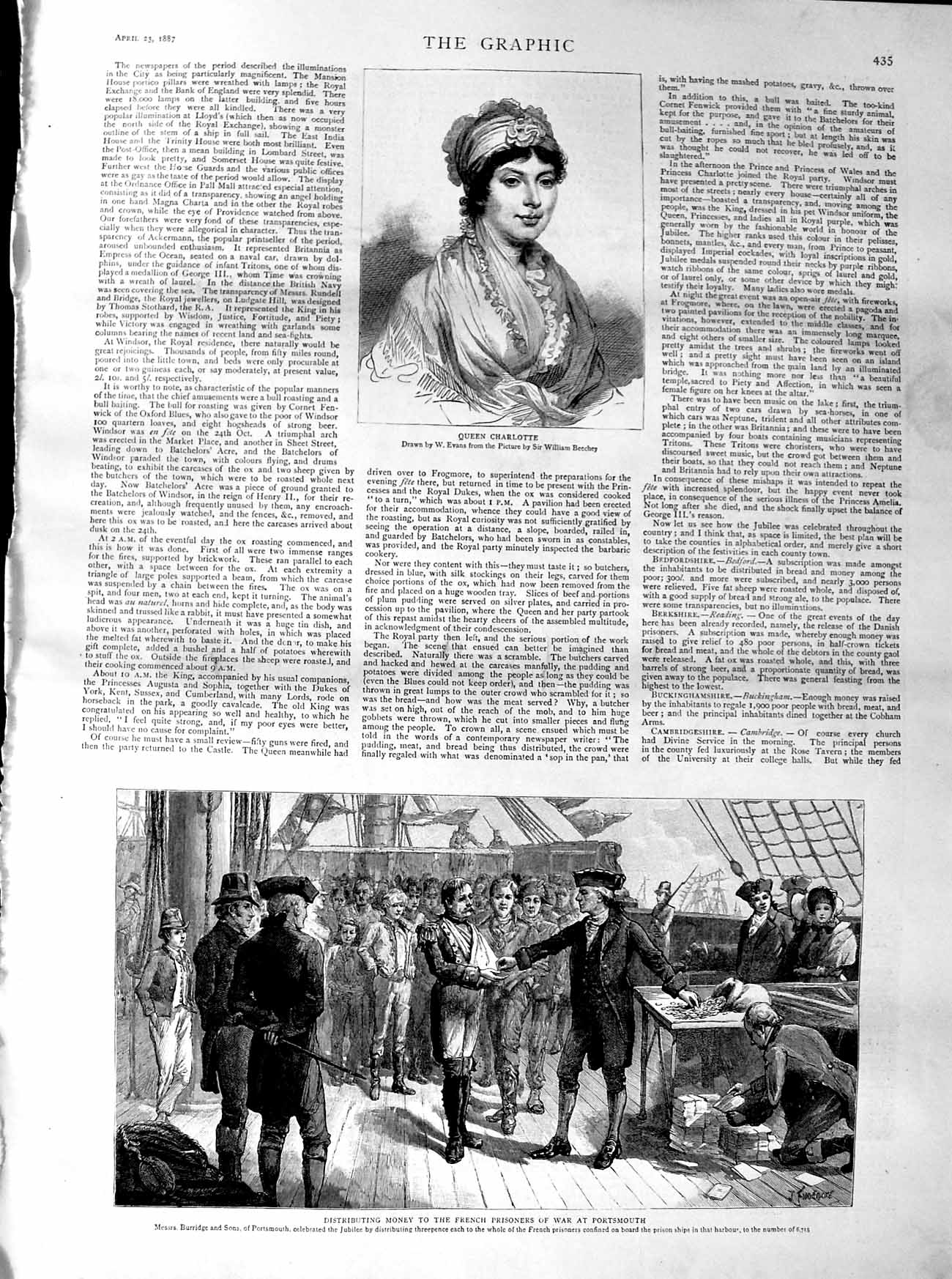Original Old Antique Print 1887 Queen Charlotte French Prisoners War Portsmouth