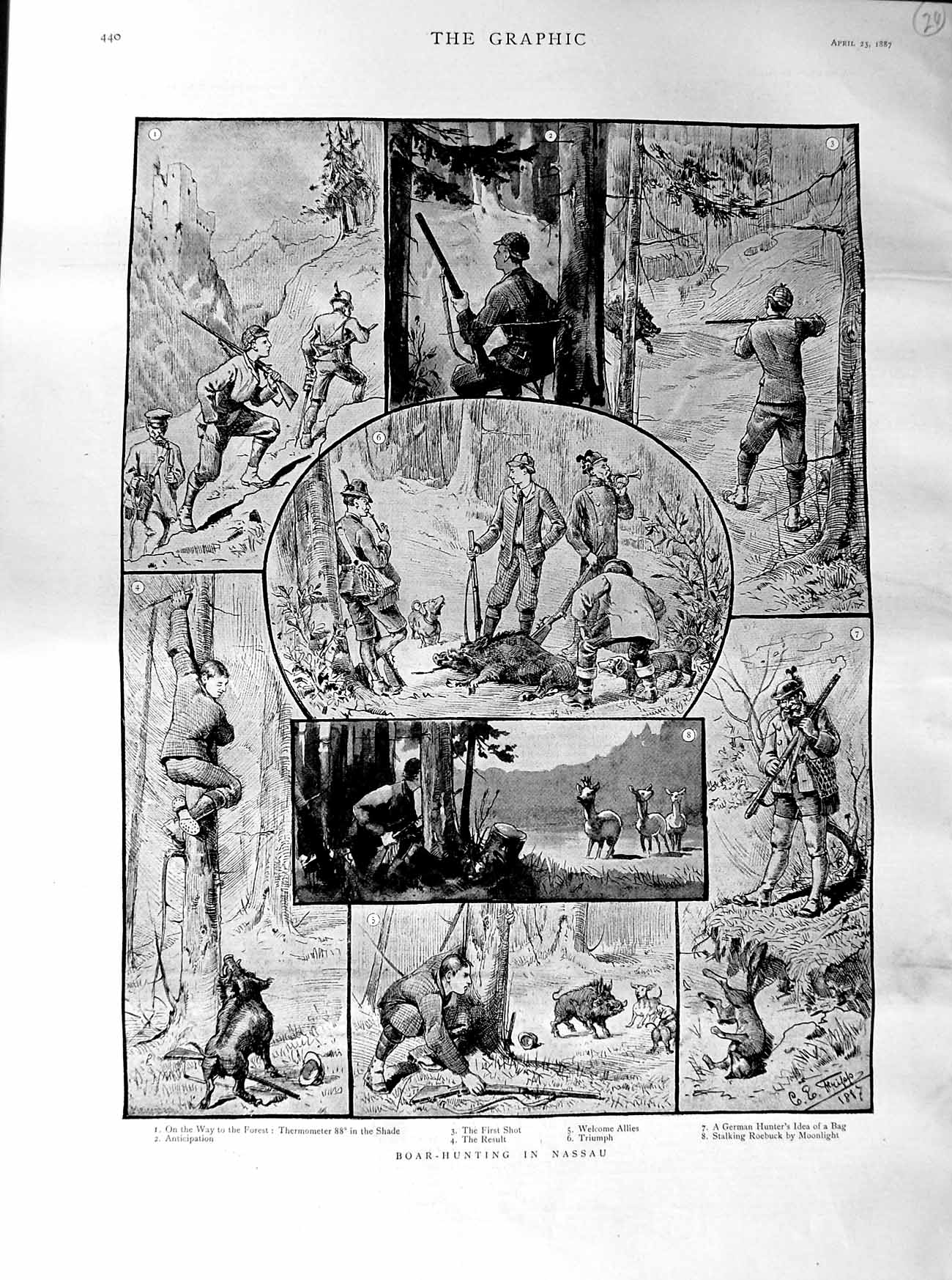 Original Old Antique Print 1887 Boar Hunting Nassau Sport Mario Bread Winning