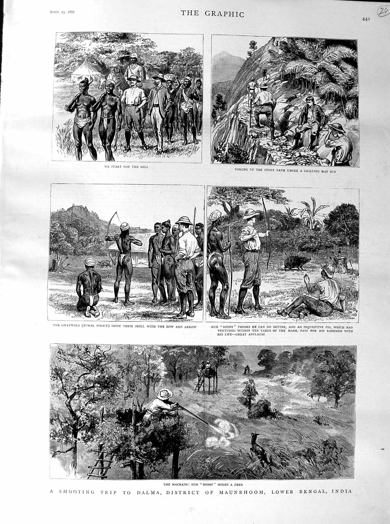 Original Old Antique Print 1887 Shooting Dalma Maunbhoom Bengal India Machans