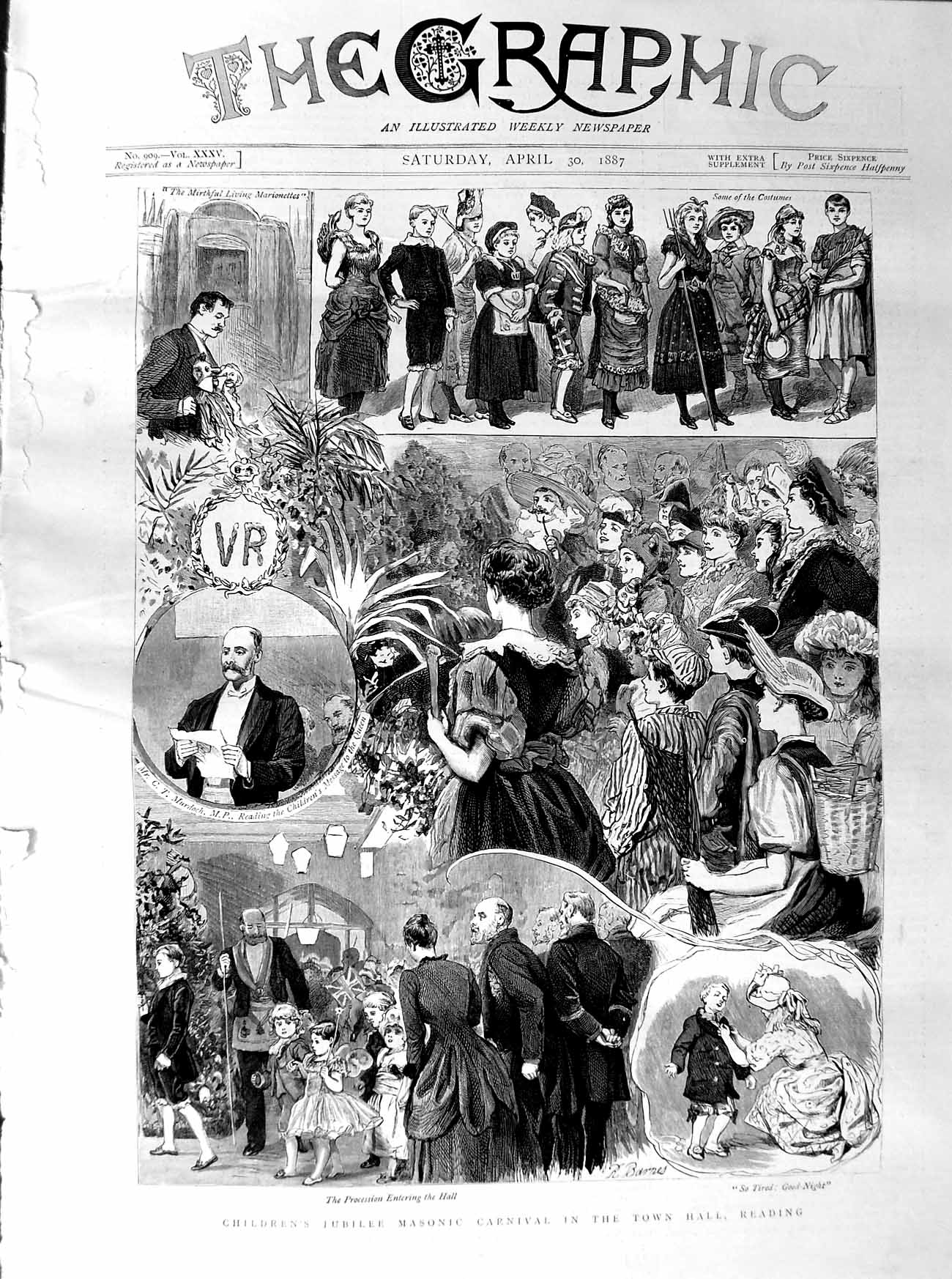 Original Old Antique Print 1887 Childrens Jubilee Masonic Carnival Hall Reading