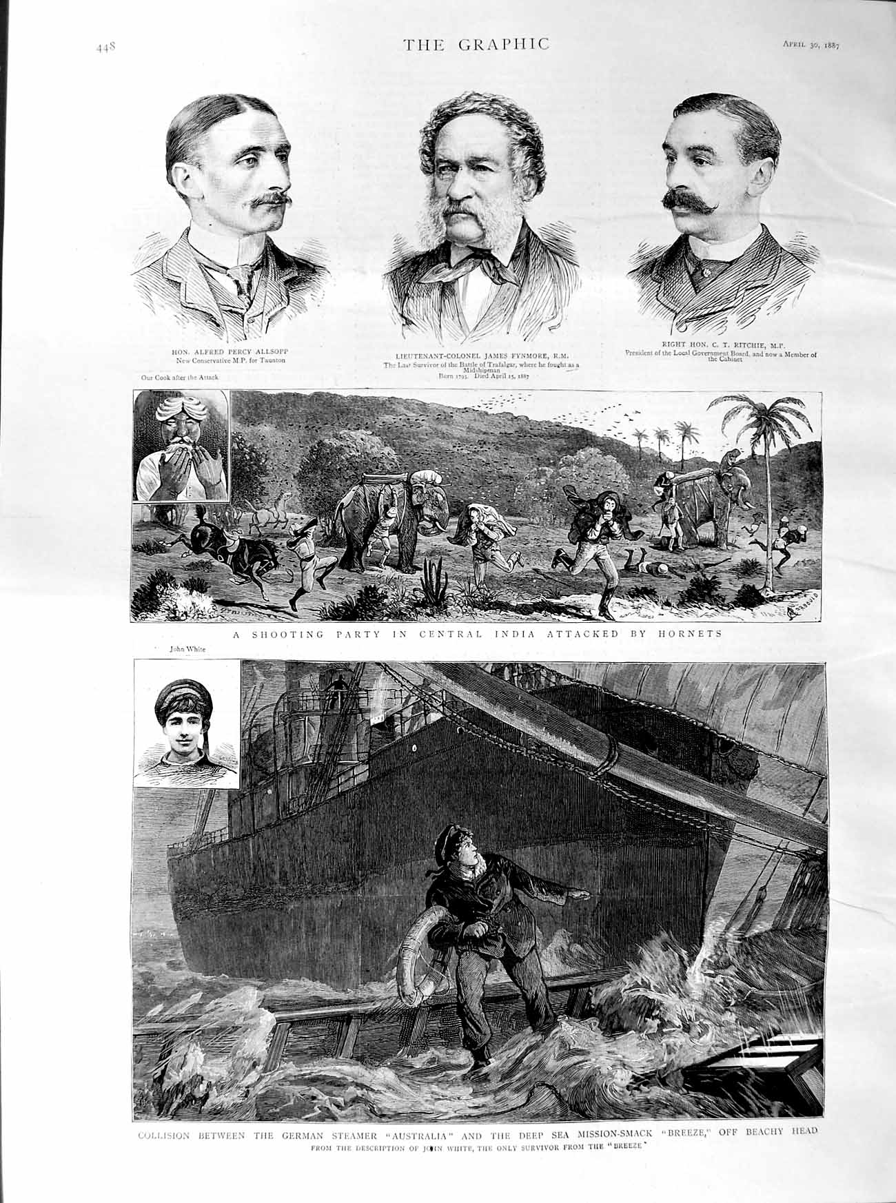 Old Antique Print 1887Ship Australia Breeze Beachy Allsopp Shooting India 19th