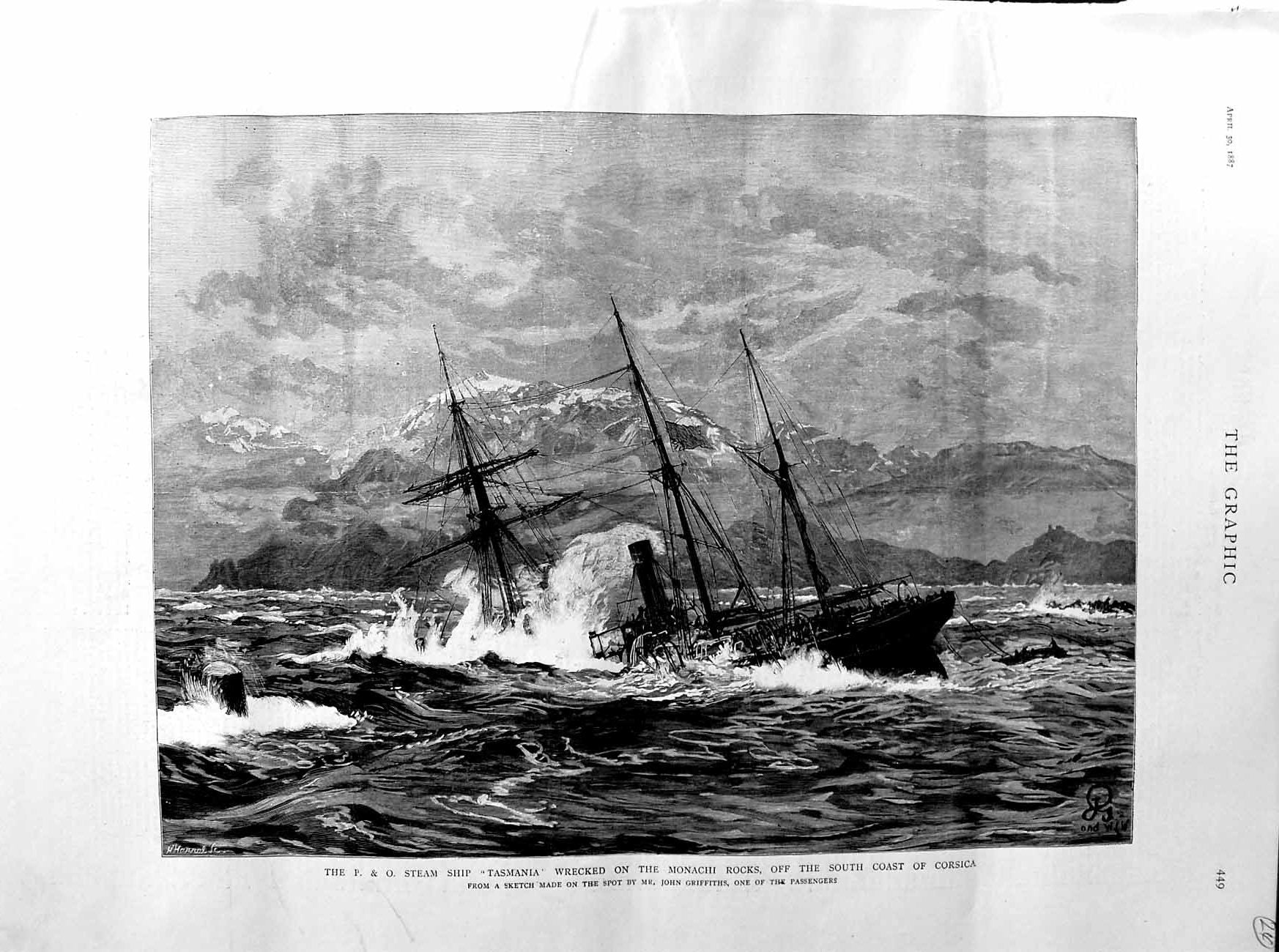 Original Old Antique Print 1887 P & O Steam Ship Tasmania Monachi Rocks Corsica