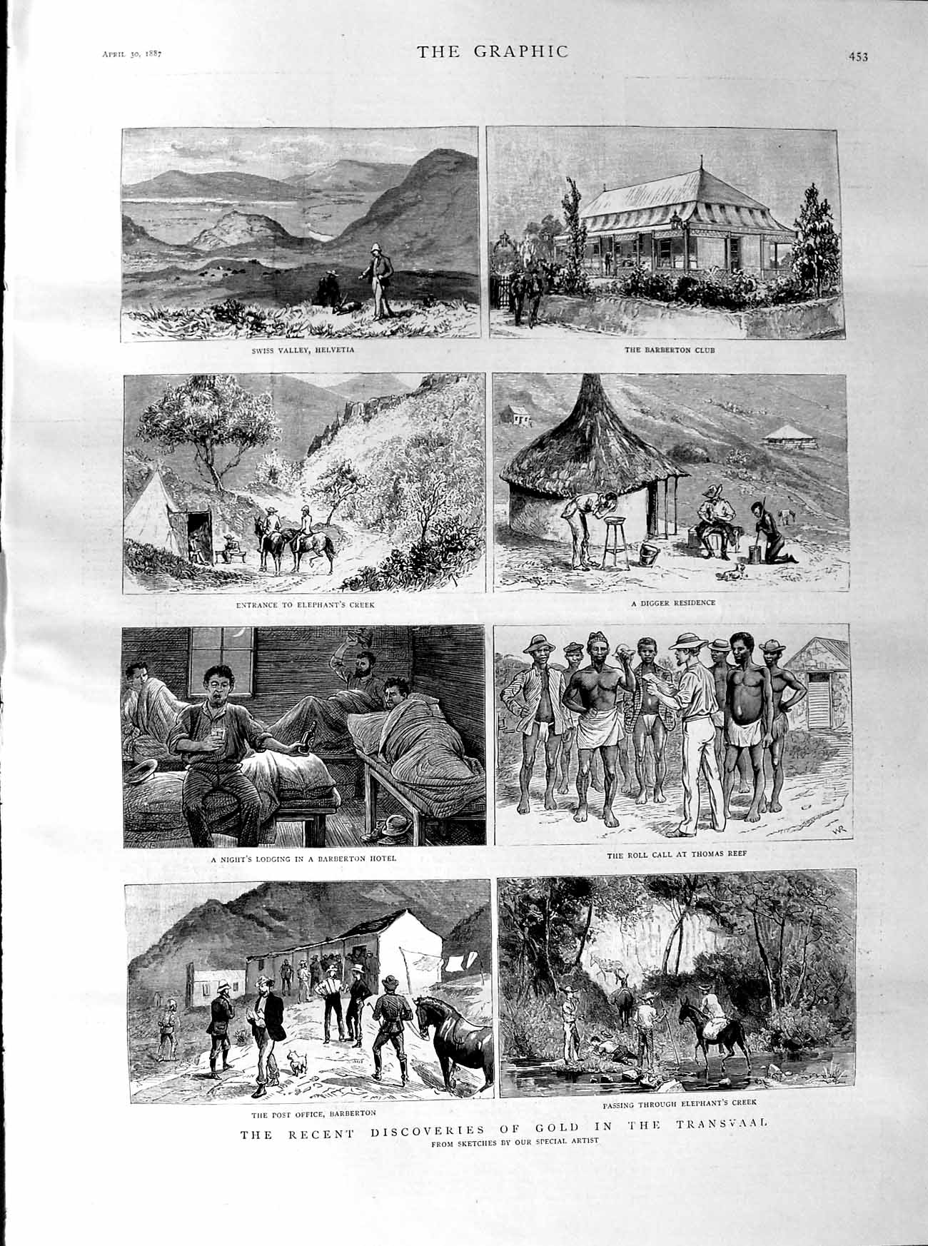 Original Old Antique Print 1887 GMining Transvaal Barberton Thomas Reef Digger