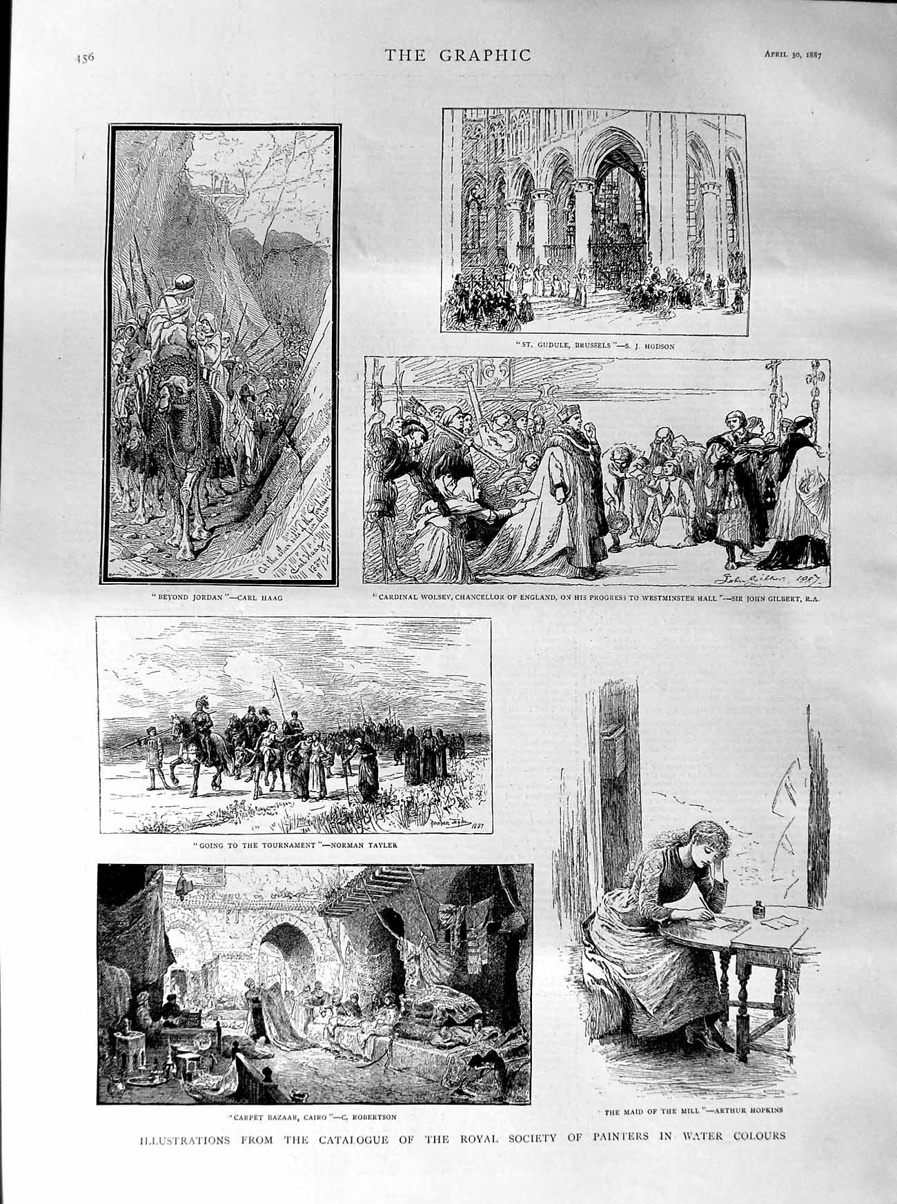 Old Antique Print 1887 Painters Water Colours Brussels Maid Cairo Bazaar 19th