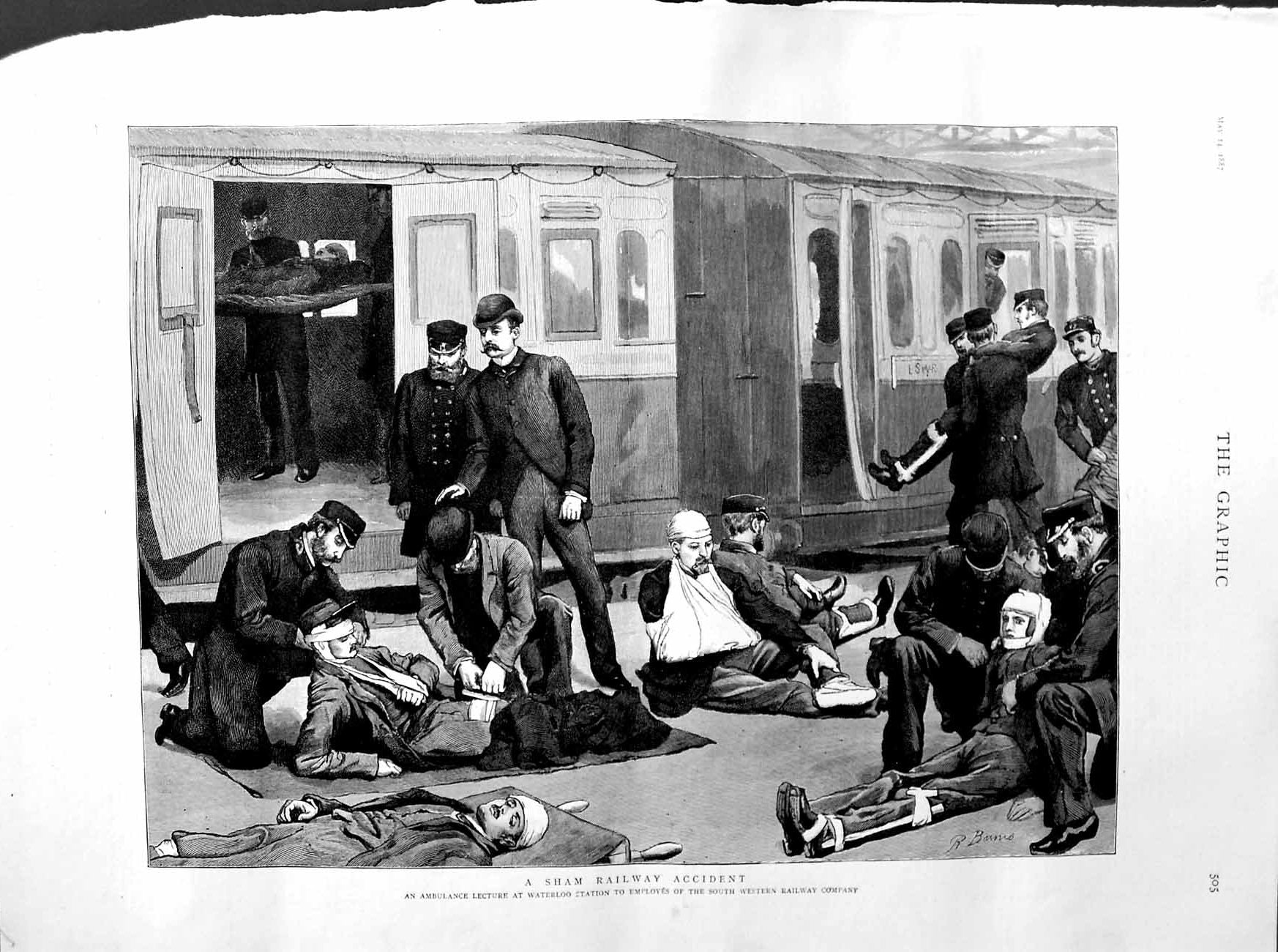 Original Old Antique Print 1887 Sham Railway Accident Waterloo Ambulanc 19th
