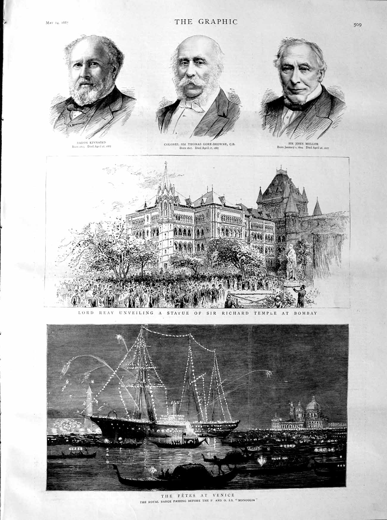 Original Old Antique Print 1887 Venice Ships Mongolia Lord Reay Bombay K 19th