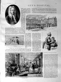 Original Old Antique Print 1887 Guy'S Hospital Ward Nurse Dorcas Willi Victorian