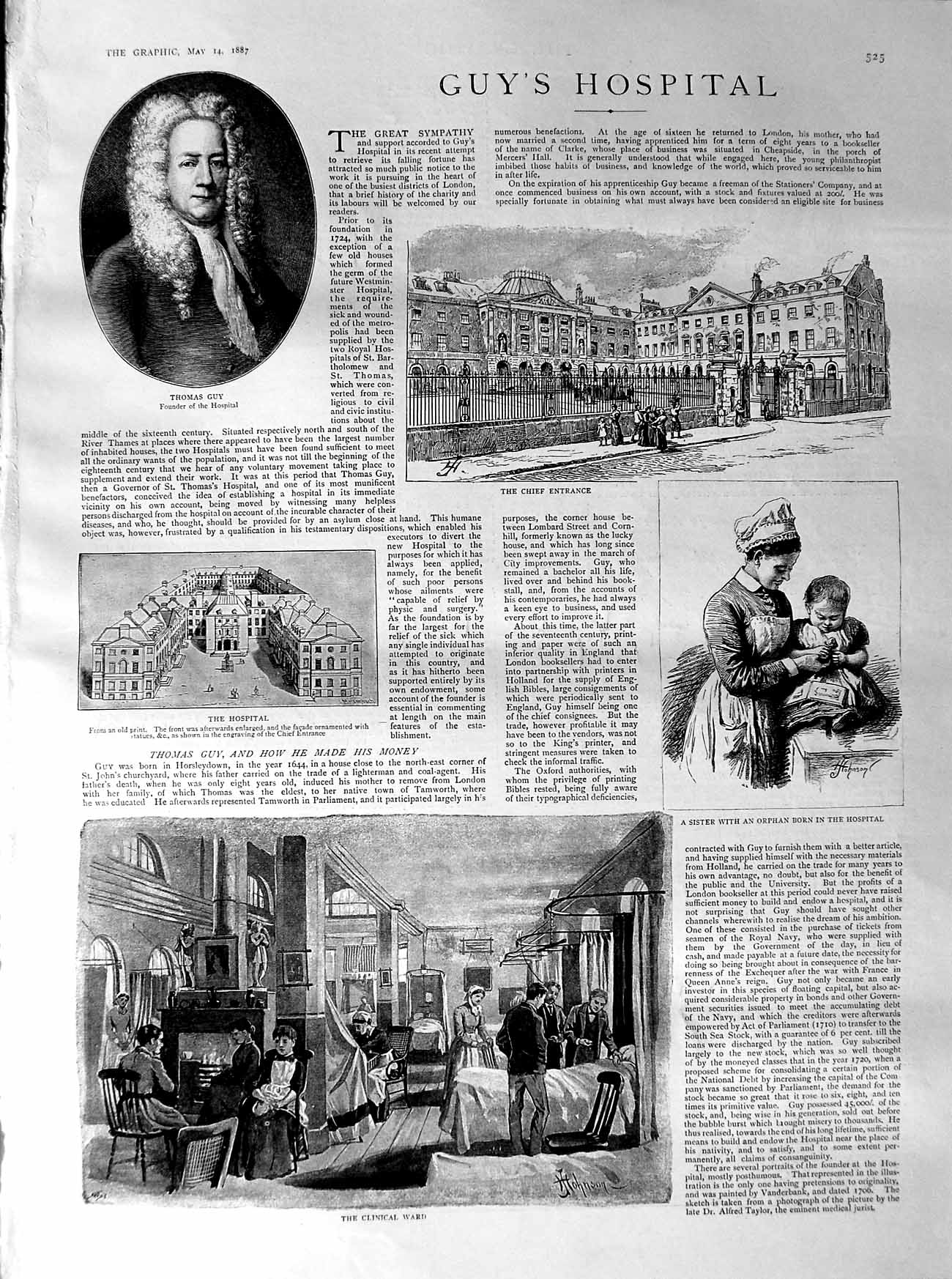 Original Old Antique Print 1887 Guy'S Hospital Ward Nurse Dorcas Willi Victorian