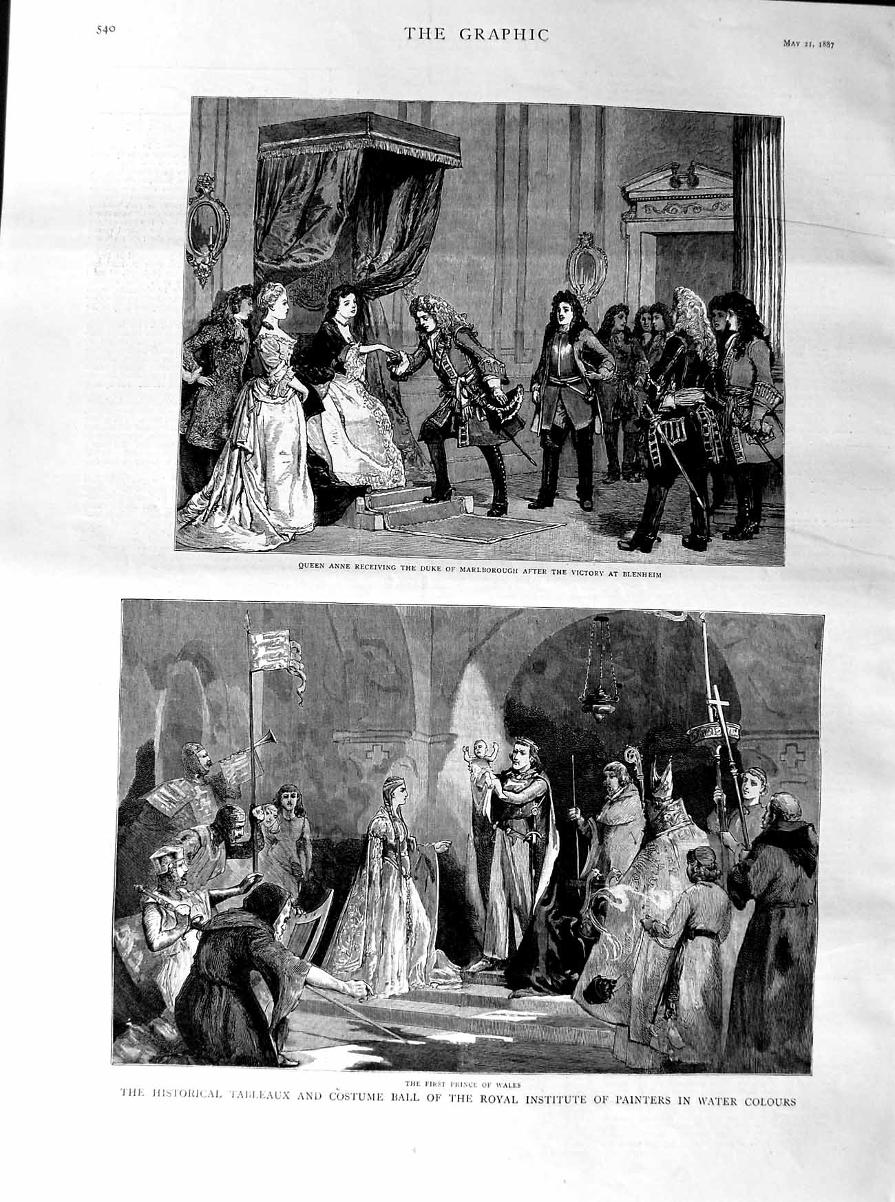 Original Old Antique Print 1887 Costume Ball Prince Wales Queen Anne Blenheim