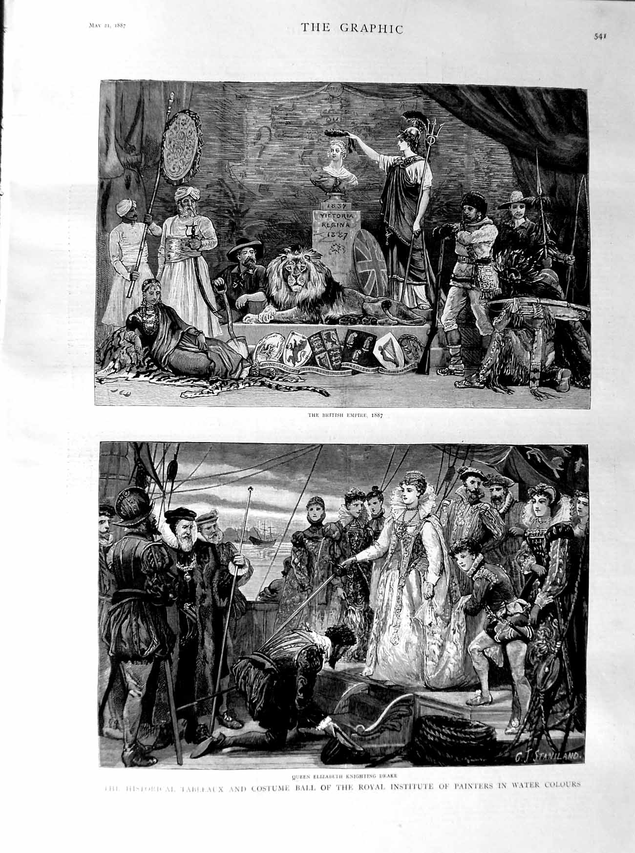 Original Old Antique Print 1887 Costume Ball Queen Elizabeth Knighting Drake