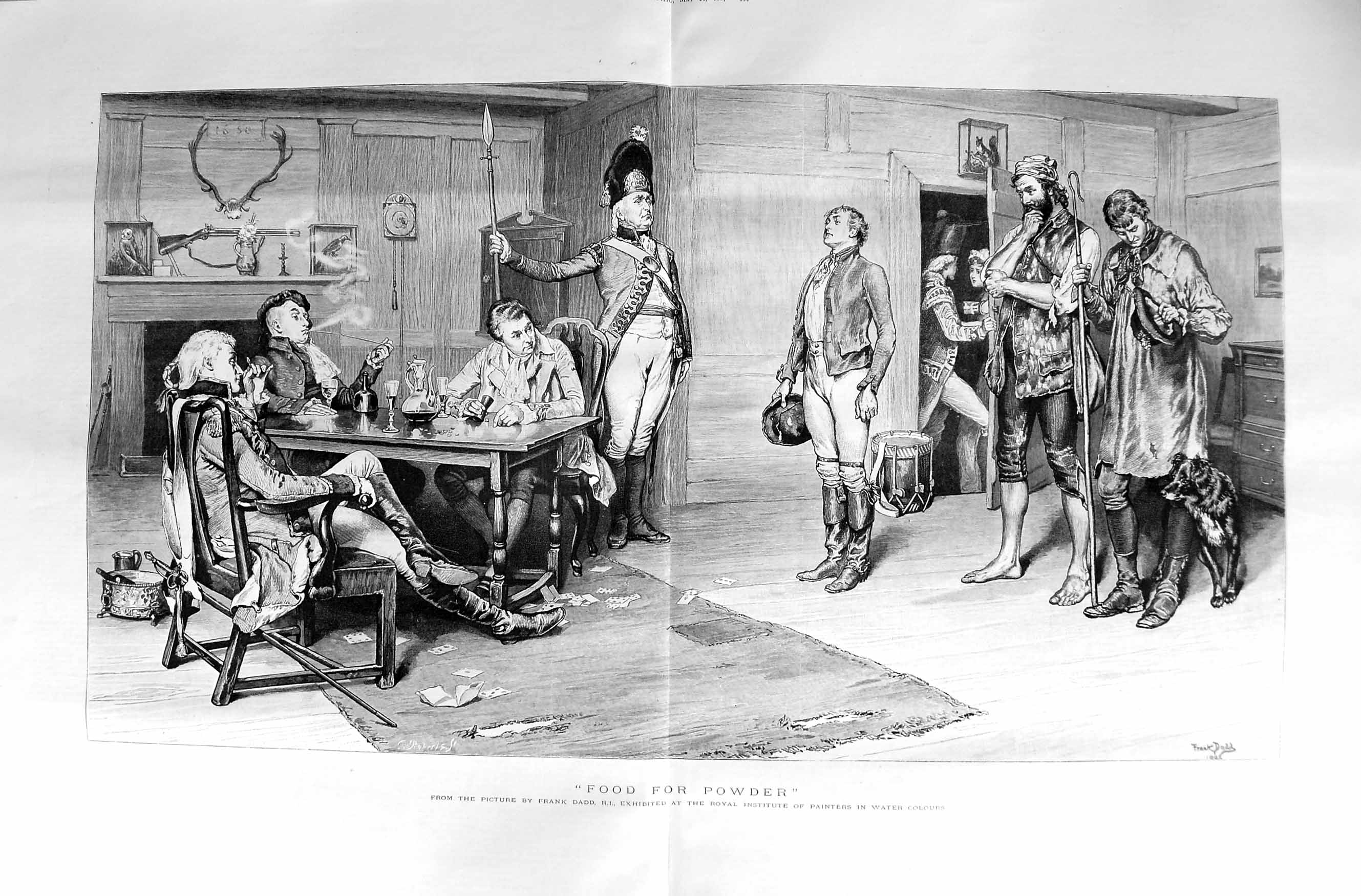Old Antique Print 1887 Frank Dadd Men Food Table Shepherd Man Dog Drum 19th