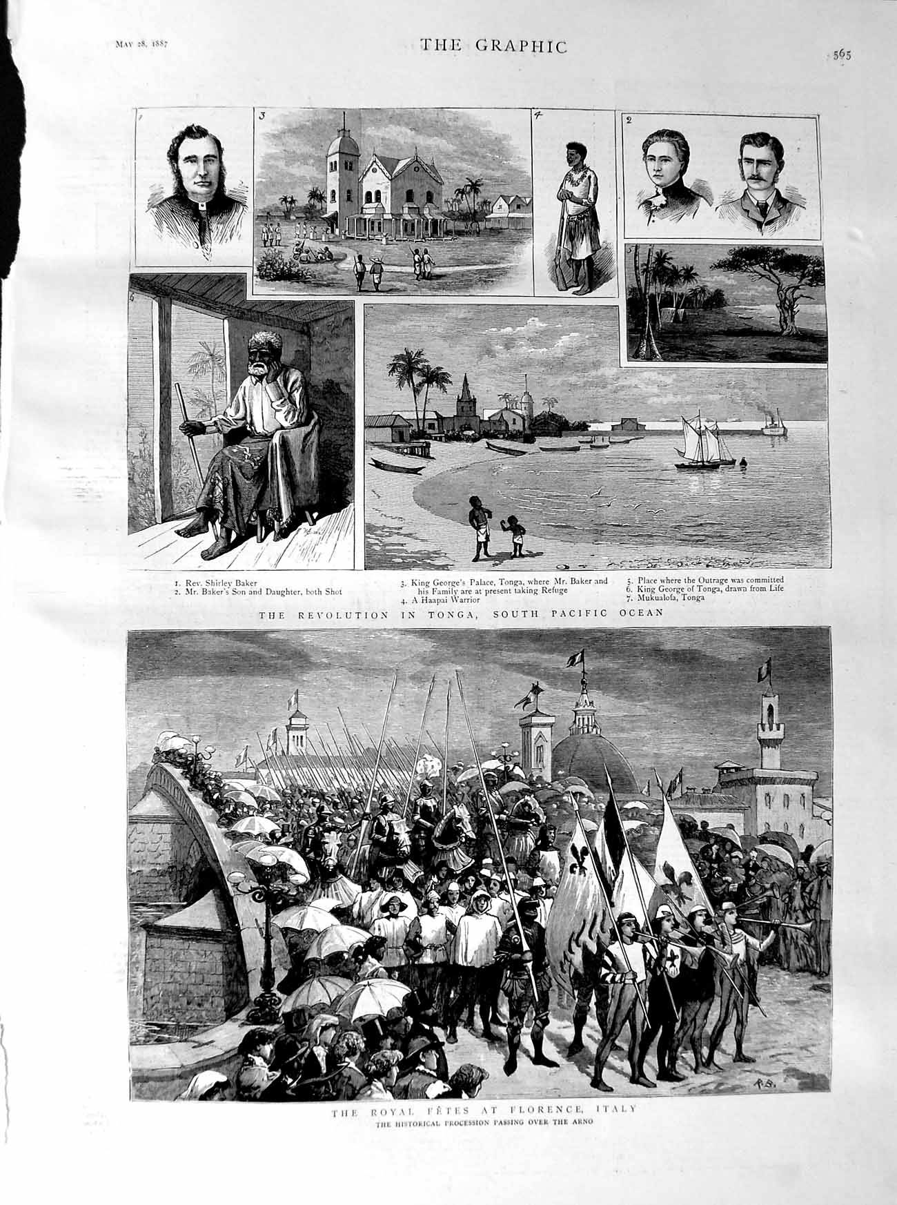Old Antique Print 1887 Fete Florence Italy Arno Tonga Pacific Ocean Baker 19th
