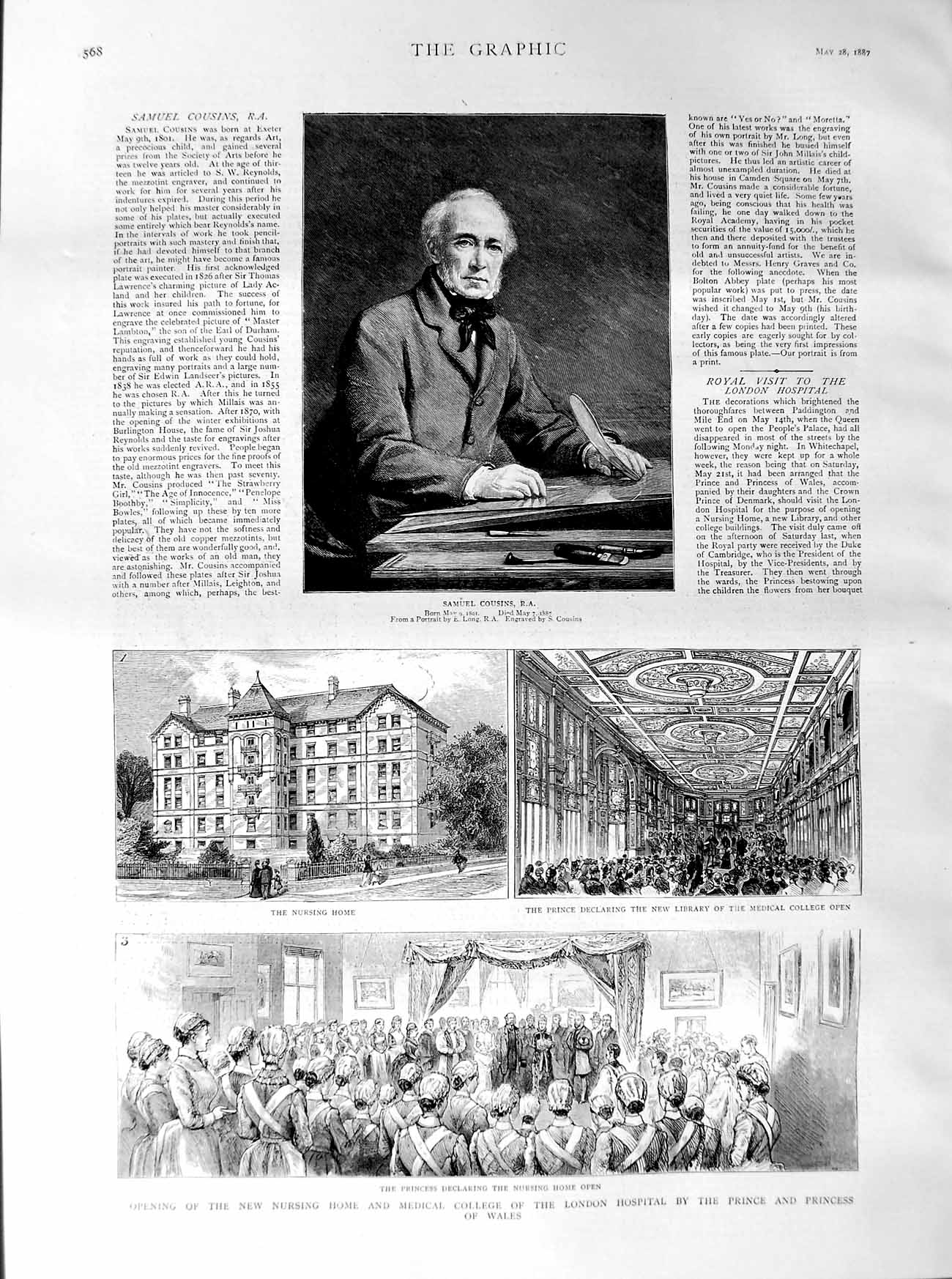 Original Old Antique Print 1887 Samuel Cousins Nursing Medical College London