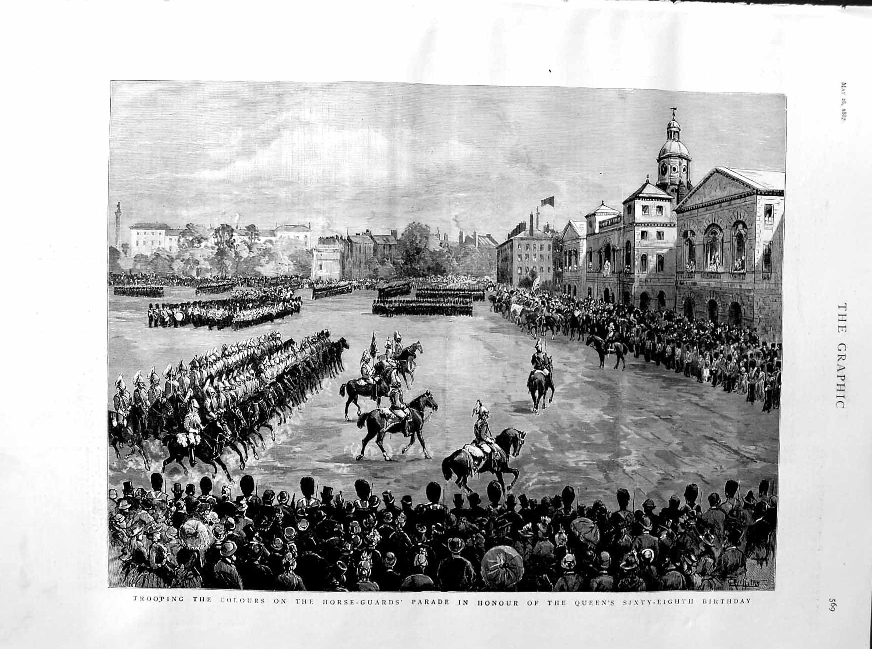 Old Antique Print 1887 Horse Guards Parade Trooping Colours Queen Horses 19th