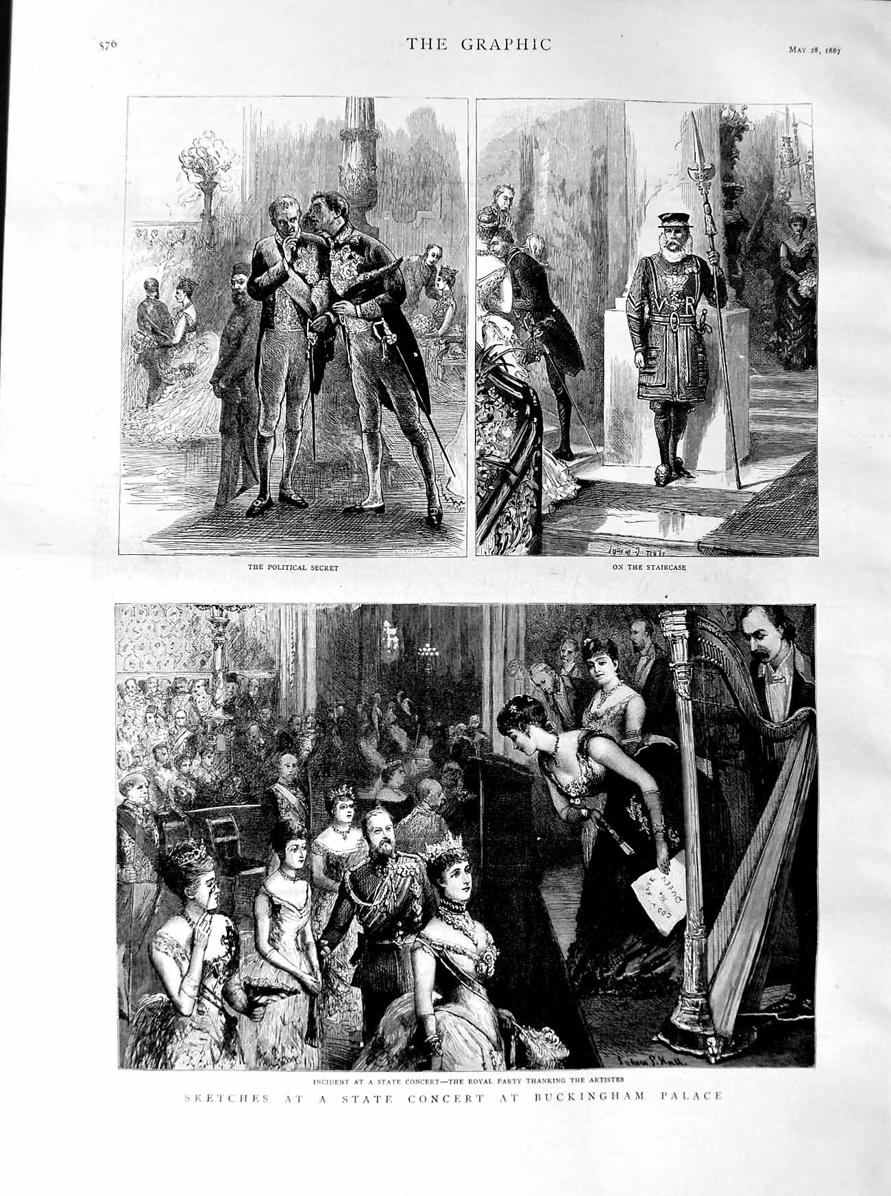 Original Old Antique Print 1887 State Concert Buckingham Palace Royal Party