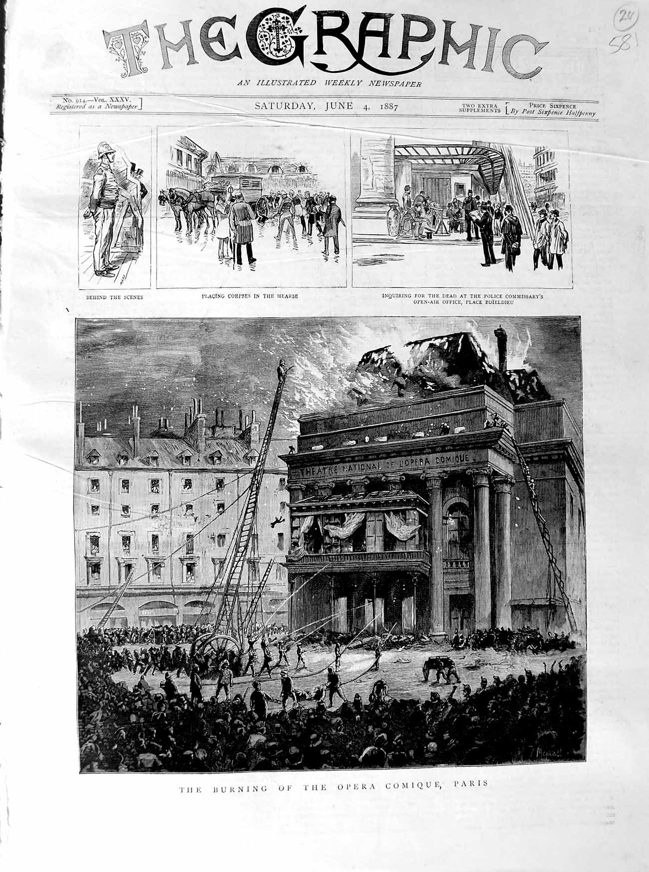 Original Old Antique Print 1887 Burning Fire Opera Comique Paris France Theatre