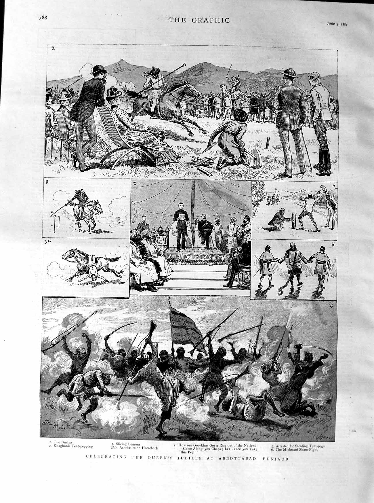 Old Antique Print 1887 Queen Jubilee Abbottabad Punjaub Durbar Goorkhas 19th