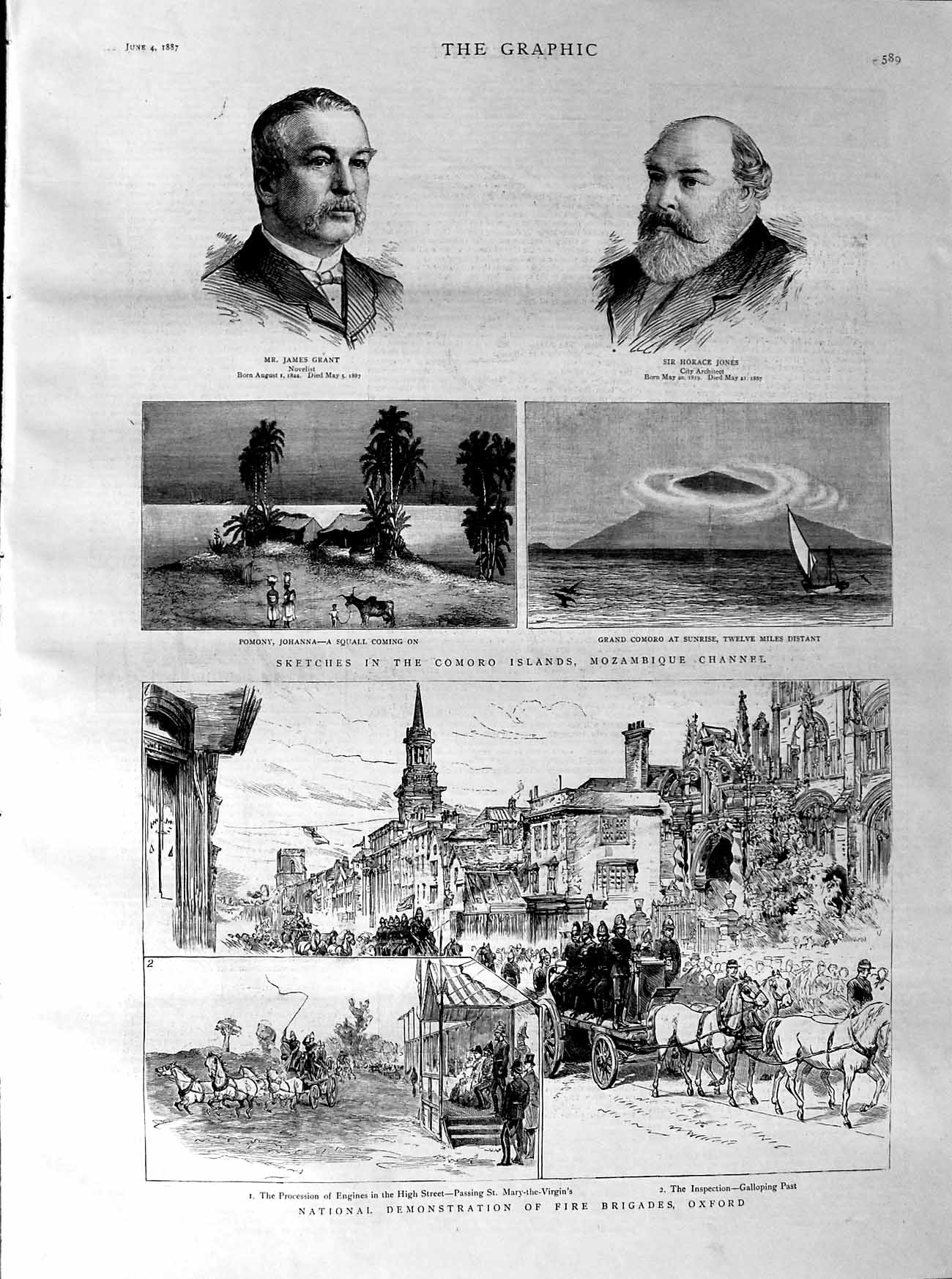 Old Antique Print 1887 Grant Jones Comoro Mozambique Fire Brigade Oxford 19th
