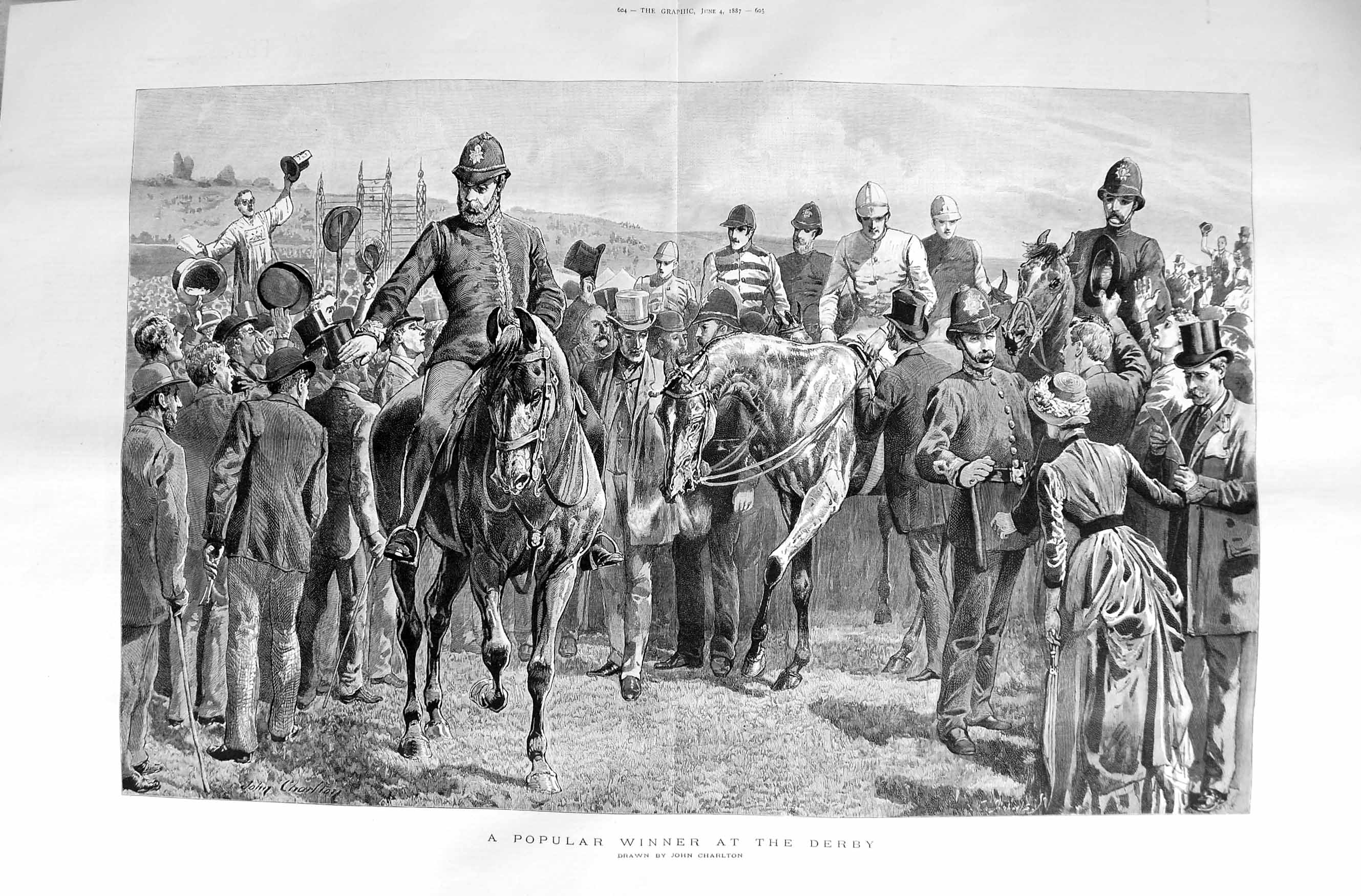 Antique Old Print 1887 Horse Racing Sport Derby Jockey Policemen Charlton 19th