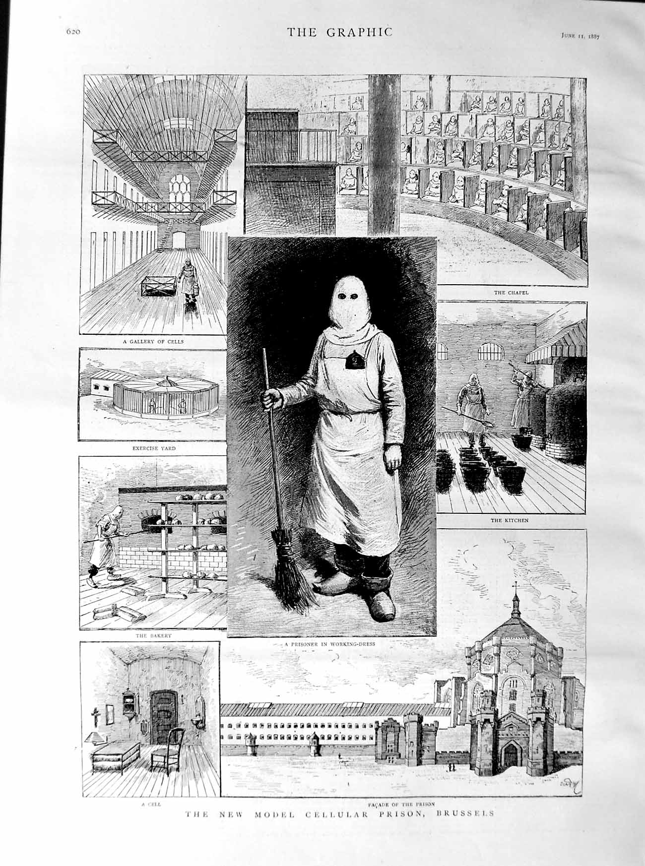 Old Antique Print 1887 Model Cellular Prison Brussels Chapel Bakery Cells 19th