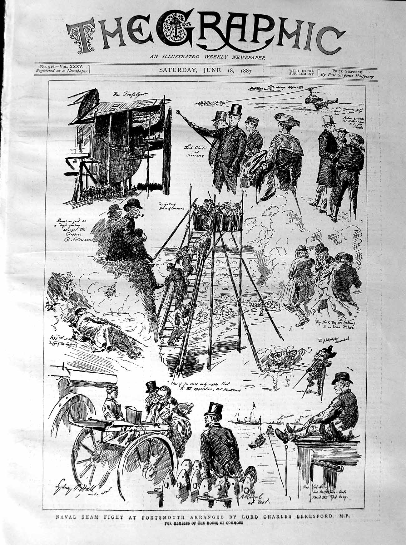 Old Antique Print 1887 Navy Sham Fight Portsmouth Lord Charles Beresford 19th