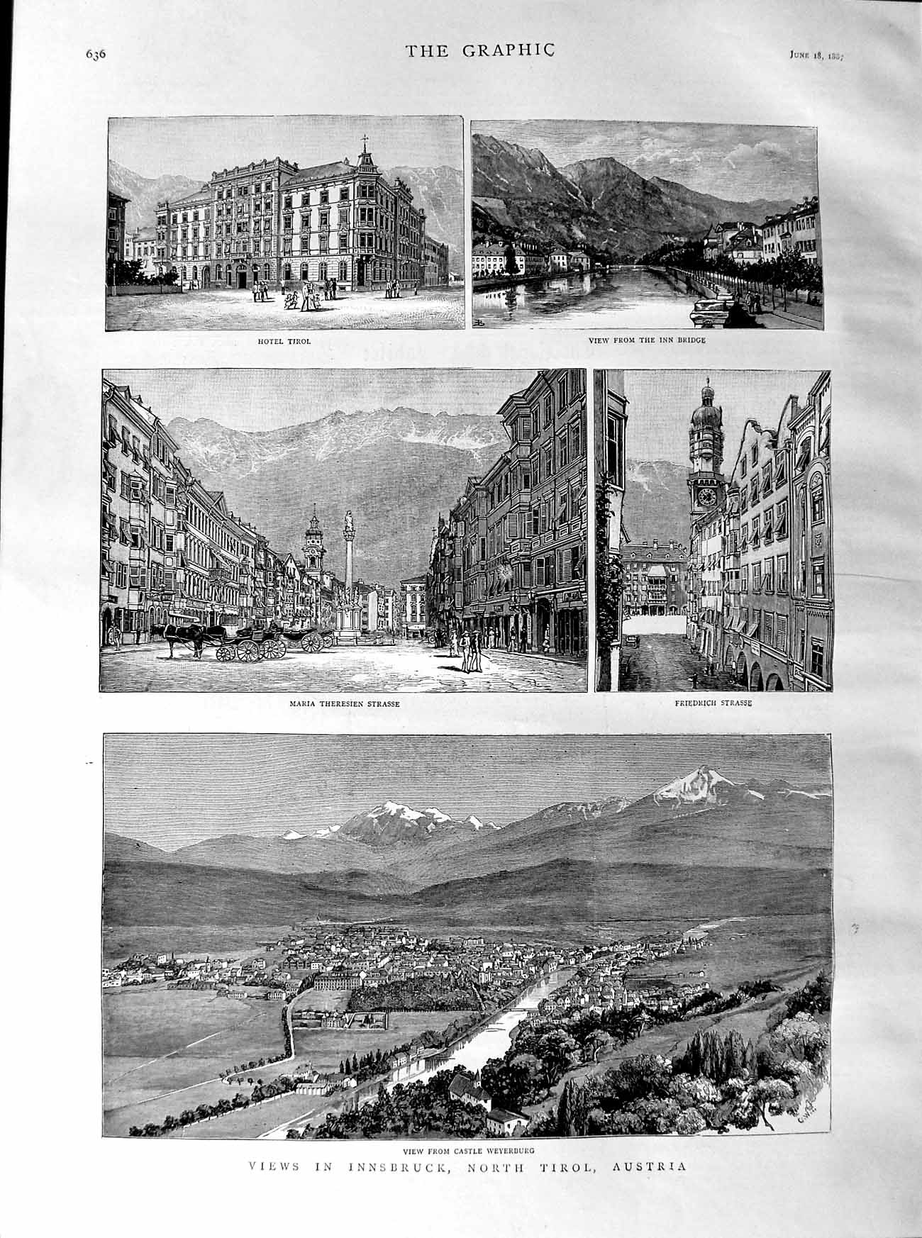 Old Antique Print 1887 Innsbruck Tirol Austria Friedrich Theresien Castle 19th