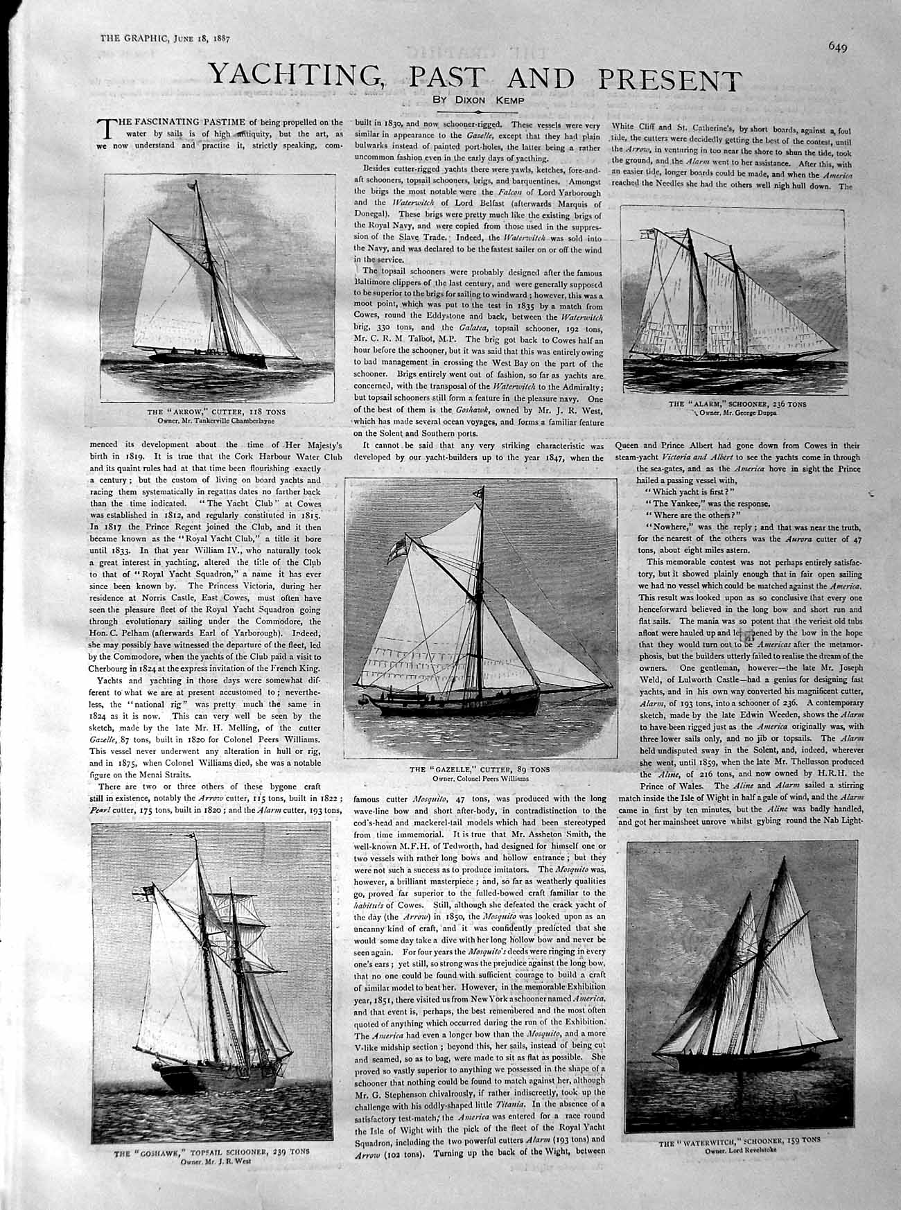 Old Antique Print 1887 Yachting Arrow Cutter Waterwitch Schooner Gazelle 19th