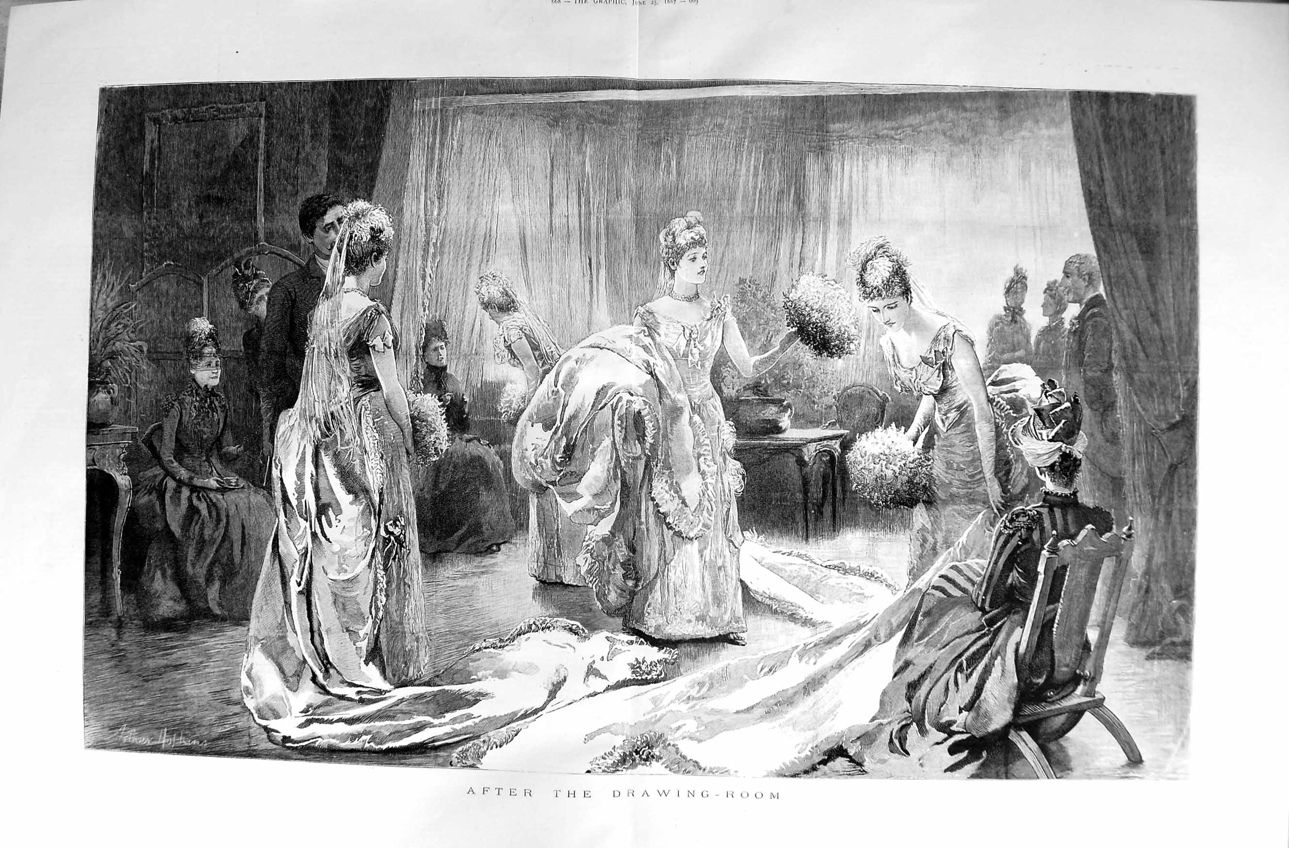 Original Old Antique Print 1887 Fine Art Ladies Dresses Drawing-RoomVictorian