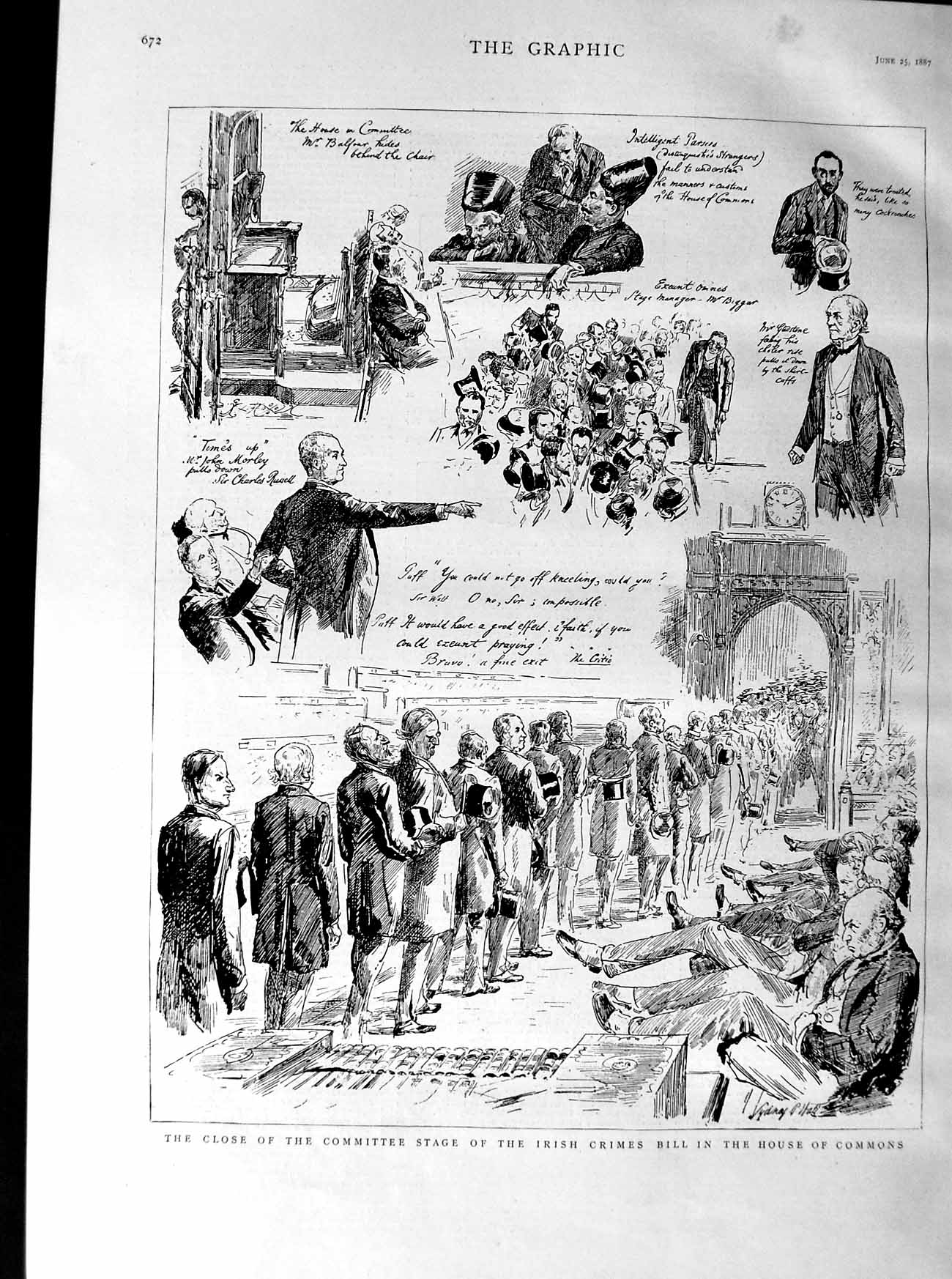 Original Old Antique Print 1887 Committee Ireland Crimes Bill House Commons Men