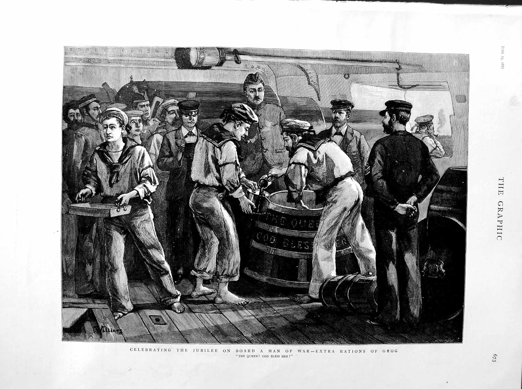 Original Old Antique Print 1887 Man War Ship Sailors Rations Grog Jubilee Queen