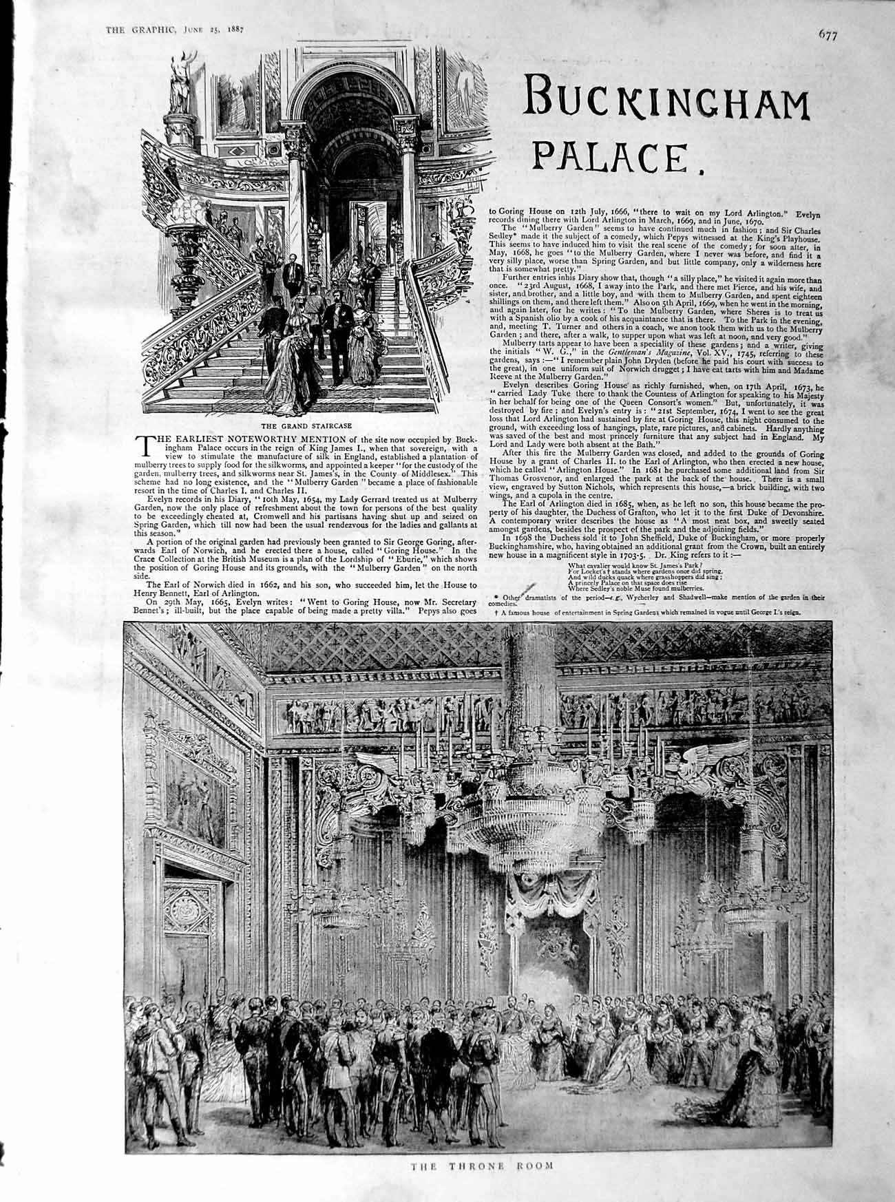 Original Old Antique Print 1887 Buckingham Palace Prince Consort Throne Queen