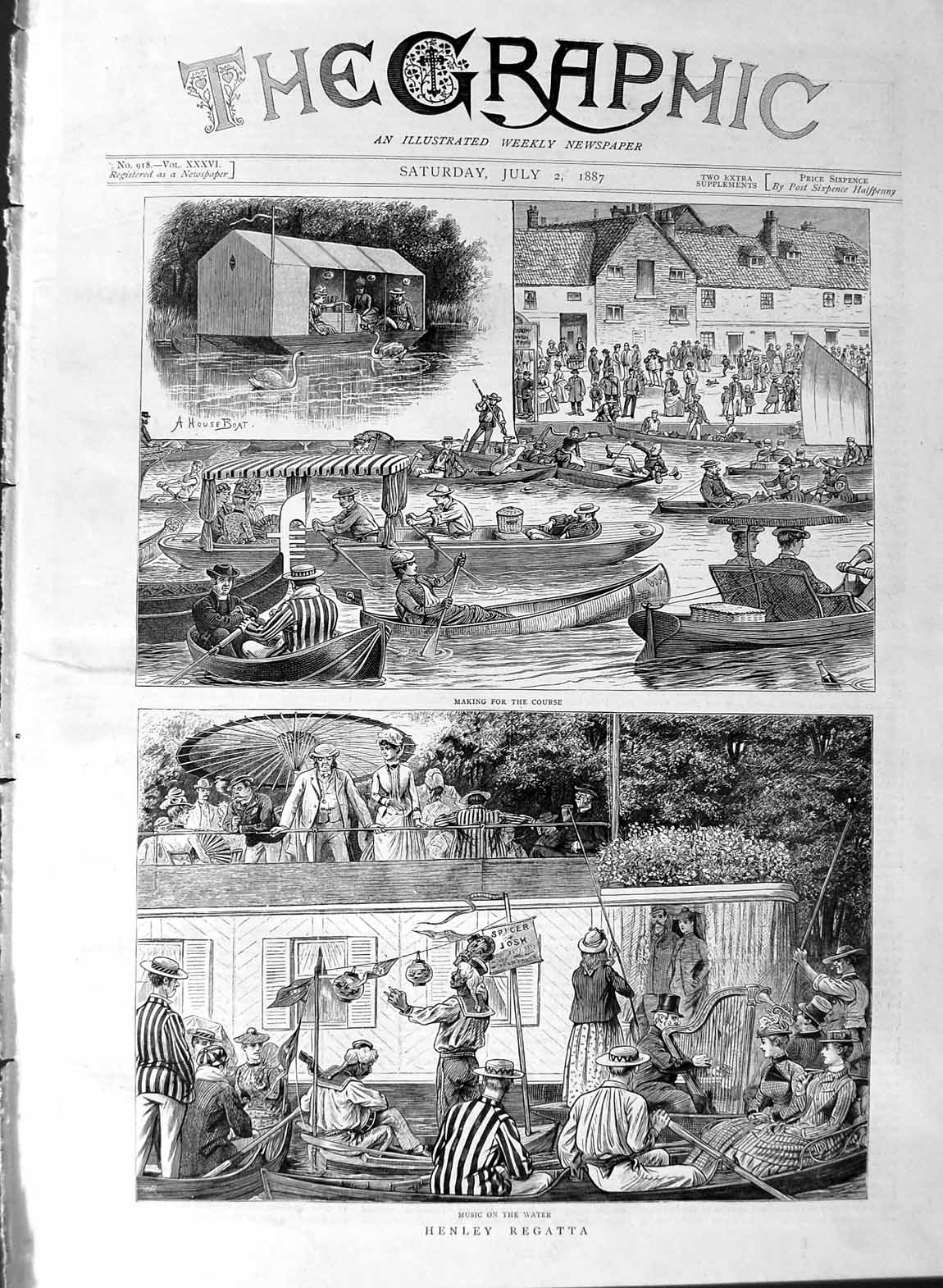 Original Old Antique Print 1887 Henley Regatta River Boat 19th Century