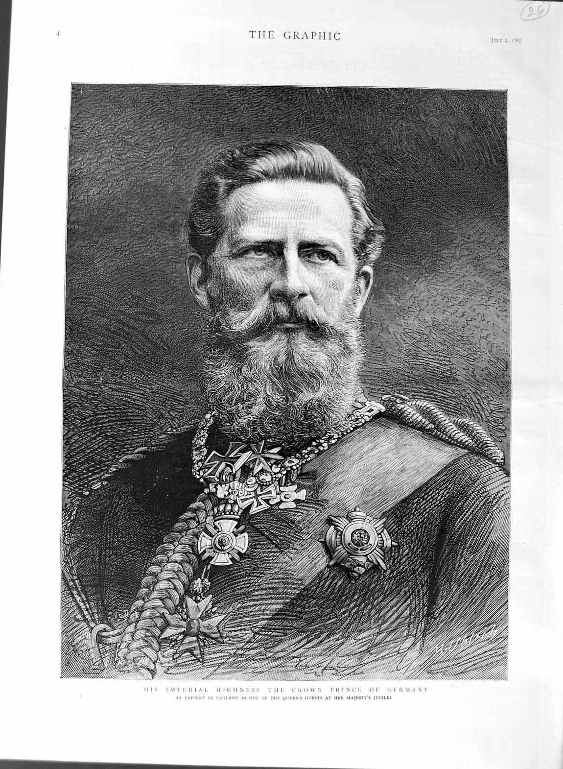 Original Old Antique Print 1887 Portrait Imperial Highness Crown Prince Germany
