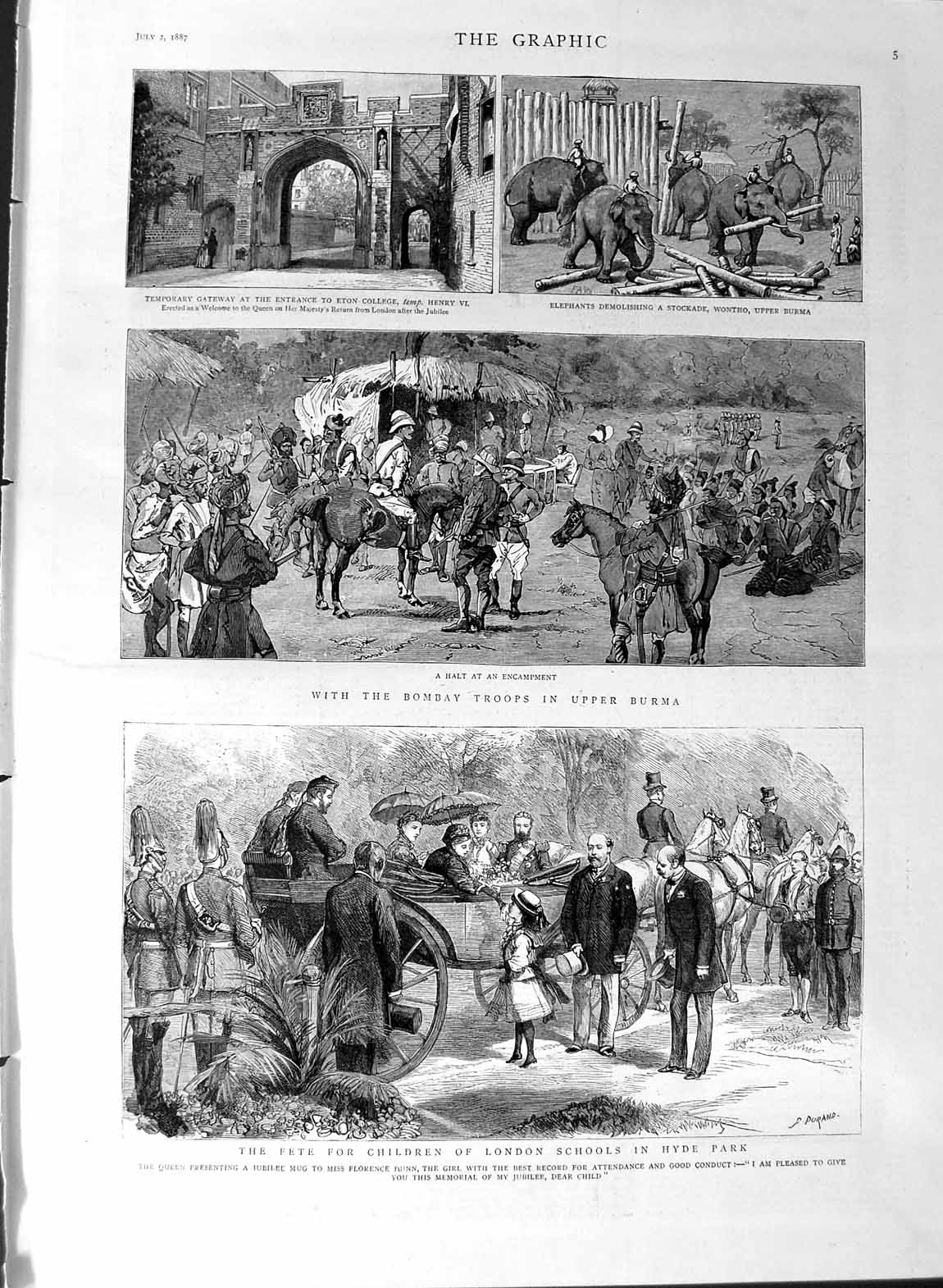 Old Antique Print 1887 Fete Children London Hyde Park Burma Troops Bombay 19th