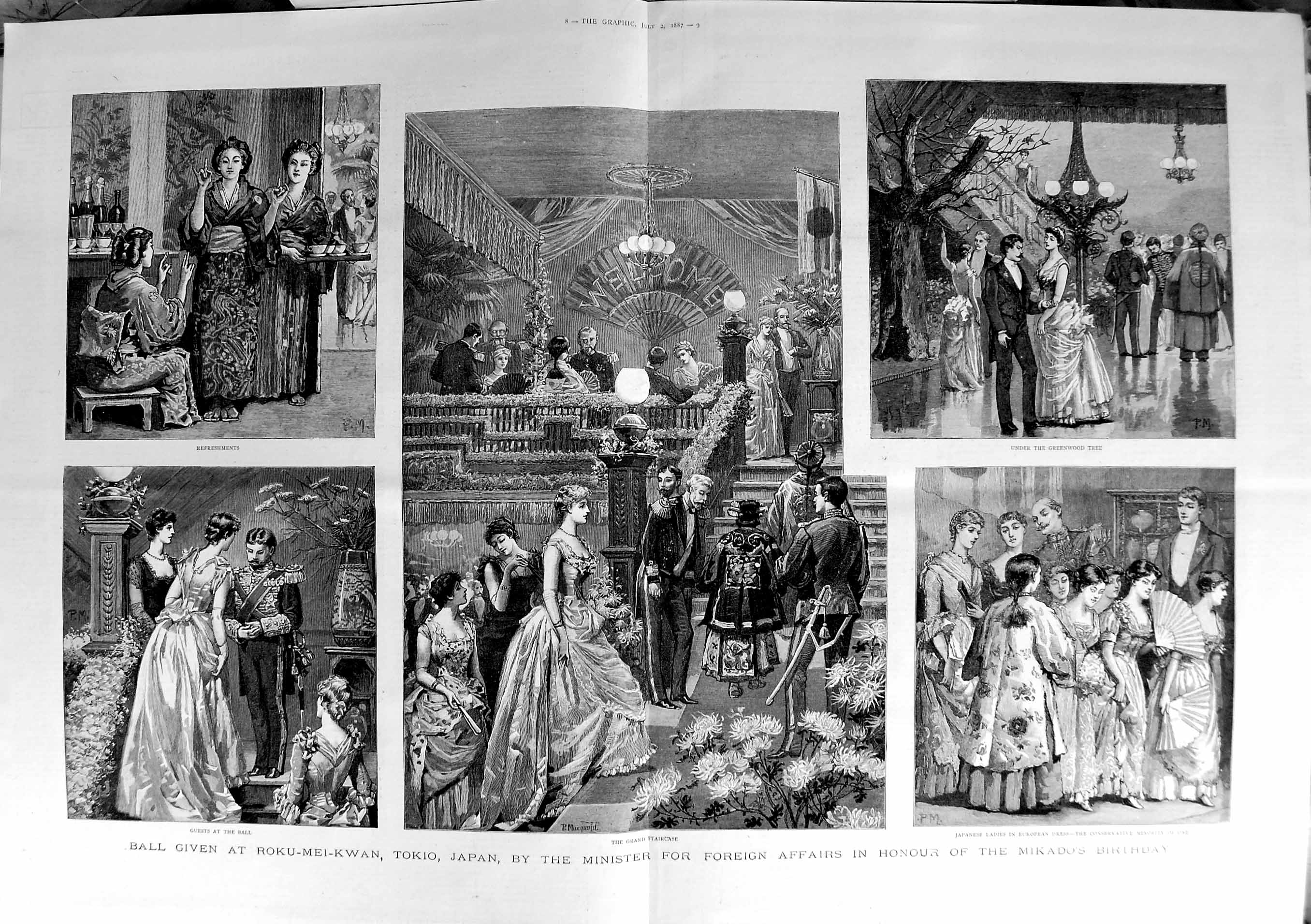 Original Old Antique Print 1887 Ball Roku-Mei-Kwan Tokio Japan Mikado B 19th